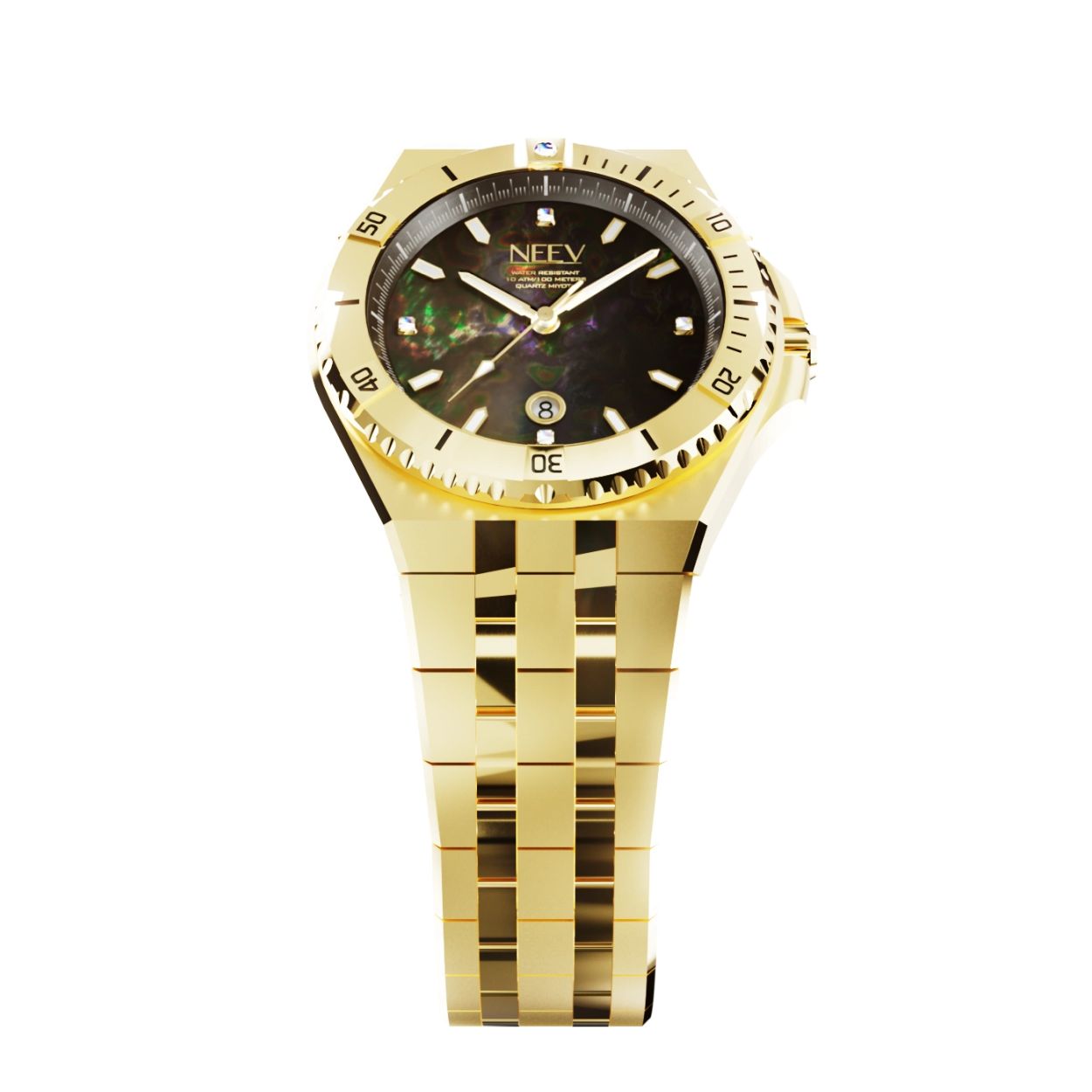 De Date34 is ons nieuwste model. Dit 34mm dameshorloge is er in 14 varianten. Dit nieuwe model is standaard uitgevoerd met 5 Swarovski stenen, hoogwaardig staal, saffierglas met AR coating en een parelmoer wijzerplaat.