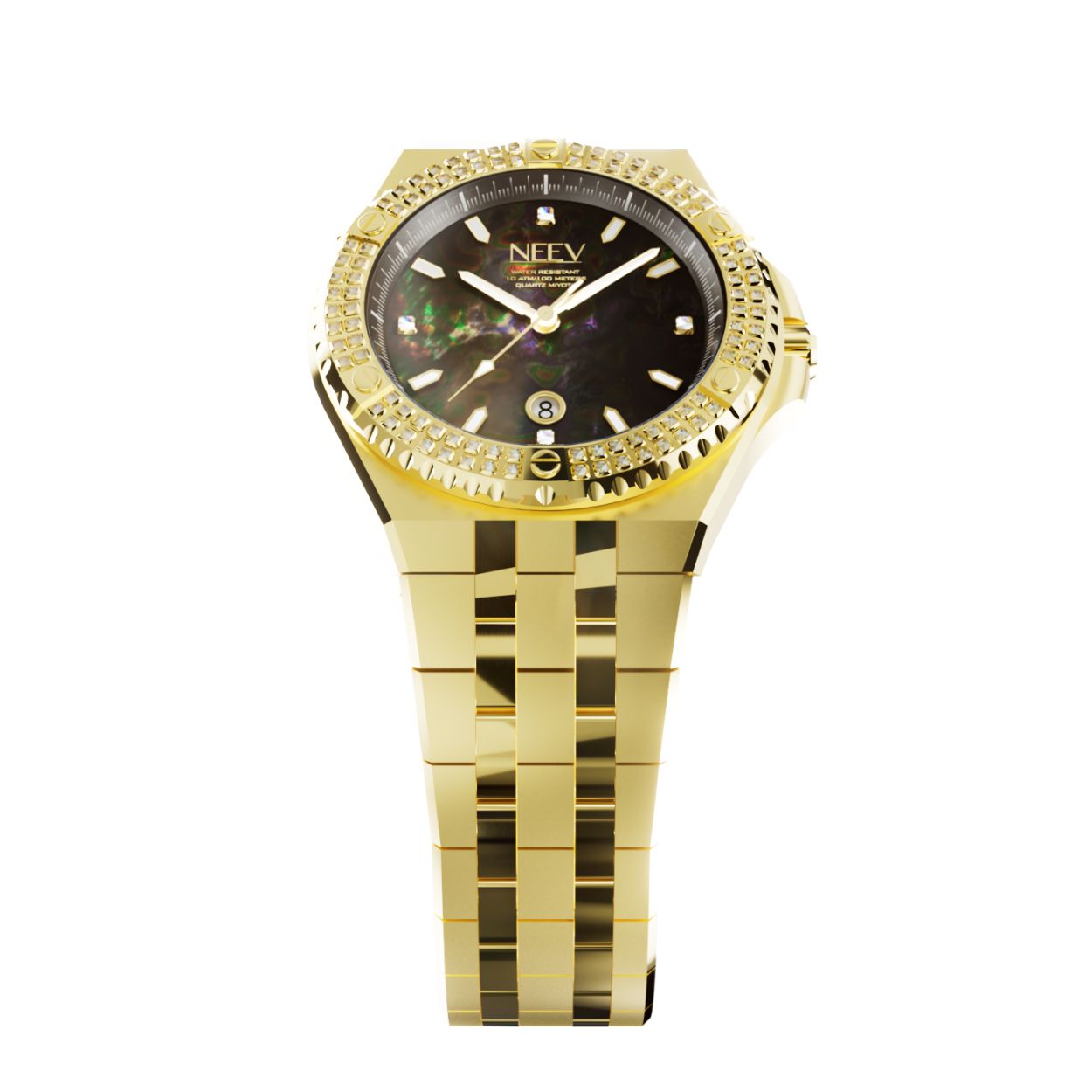 De Date34 is ons nieuwste model. Dit 34mm dameshorloge is er in 14 varianten. Dit nieuwe model is standaard uitgevoerd met 5 Swarovski stenen, hoogwaardig staal, saffierglas met AR coating en een parelmoer wijzerplaat.