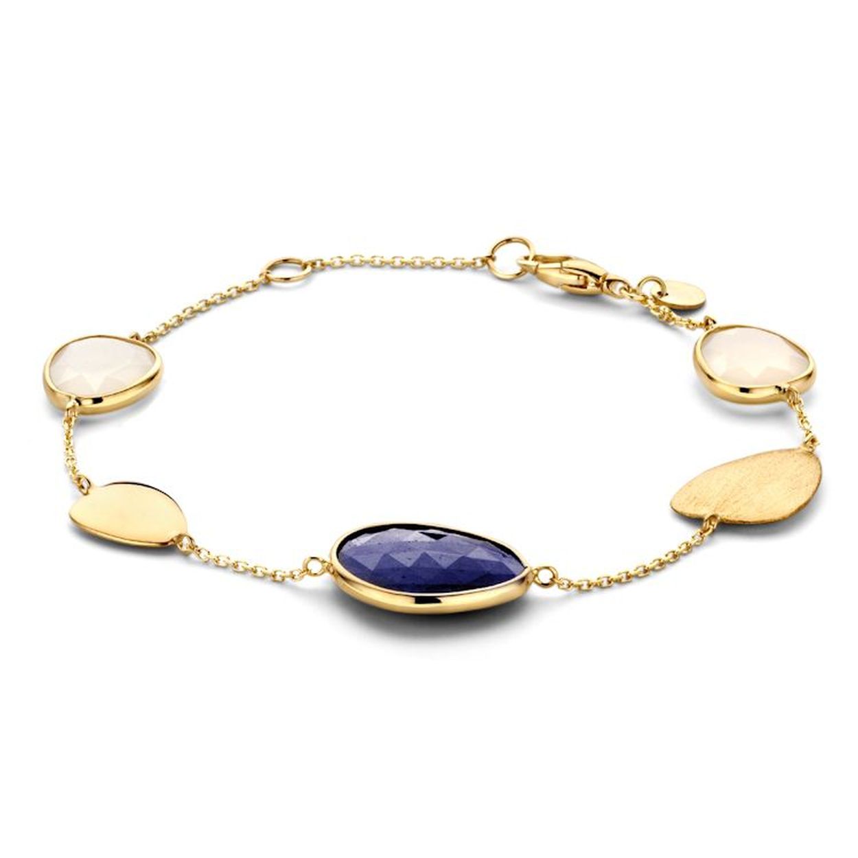 Geelgouden armband met kleurstenen (blauwe aventurijn en witte kwarts). Deze armband is onderdeel van een set.
