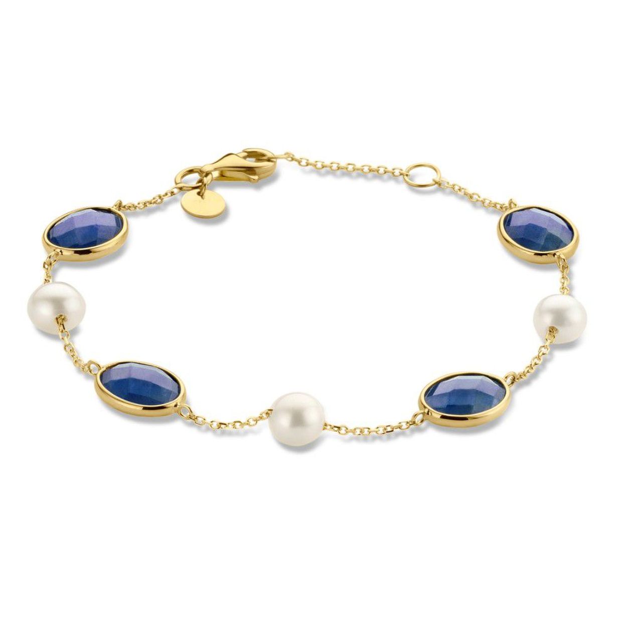 Geelgouden armband met ankerschakel en facet geslepen edelstenen en pareltjes.