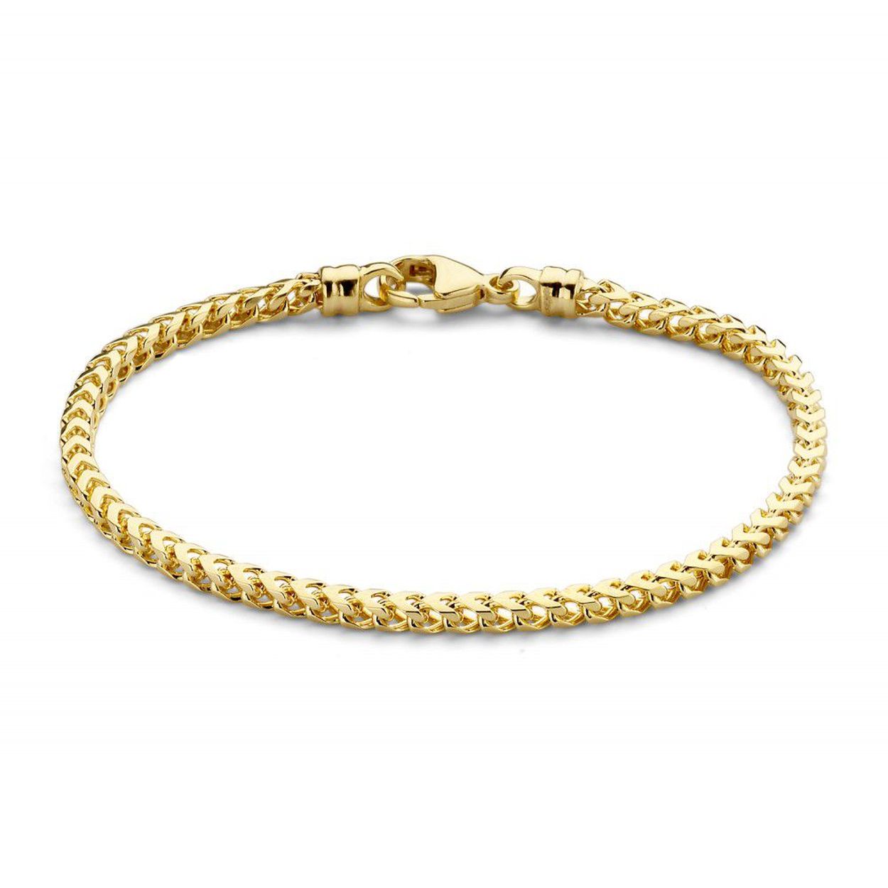 Zware geelgouden schakelarmband met bingo-schakel en karabijnsluiting.