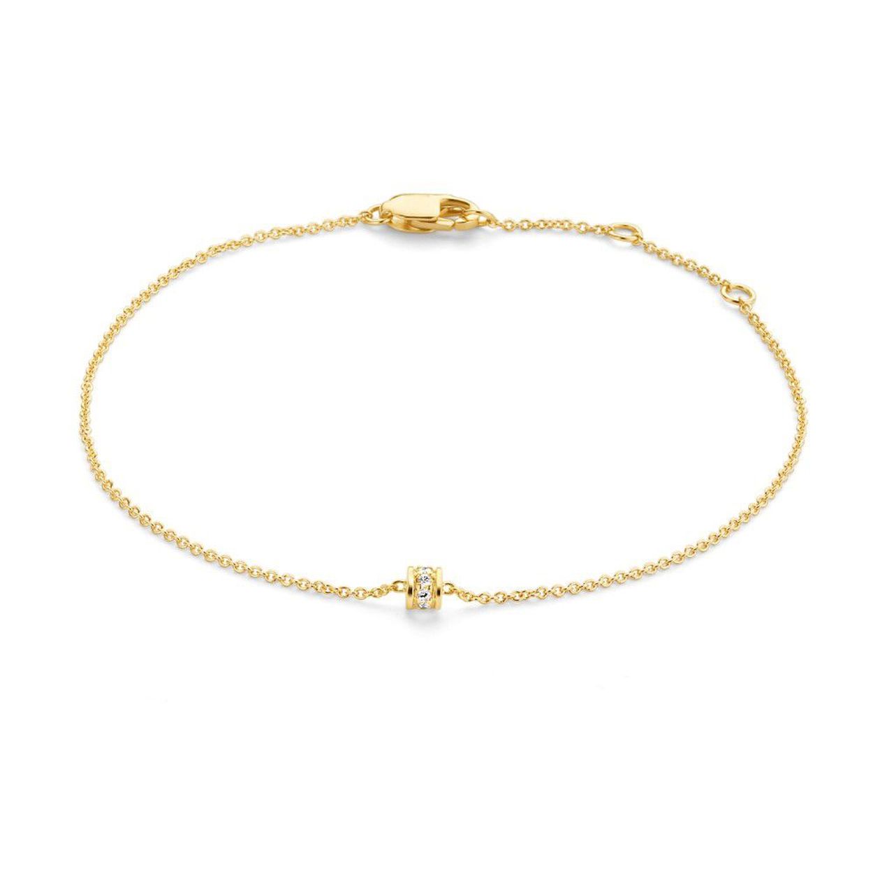 Geelgouden armband met 14 karaat gouden ankerschakel en 0.05 crt. briljant in een ronddraaiend tonnetje.