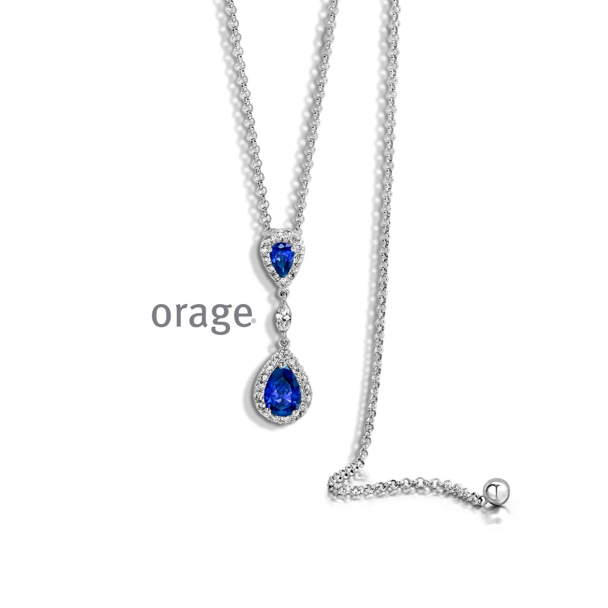 Zilveren collier hanger - Hanger met blauwe en witte zirkonium - Collier met verschuifbare lengte tot 49 cm