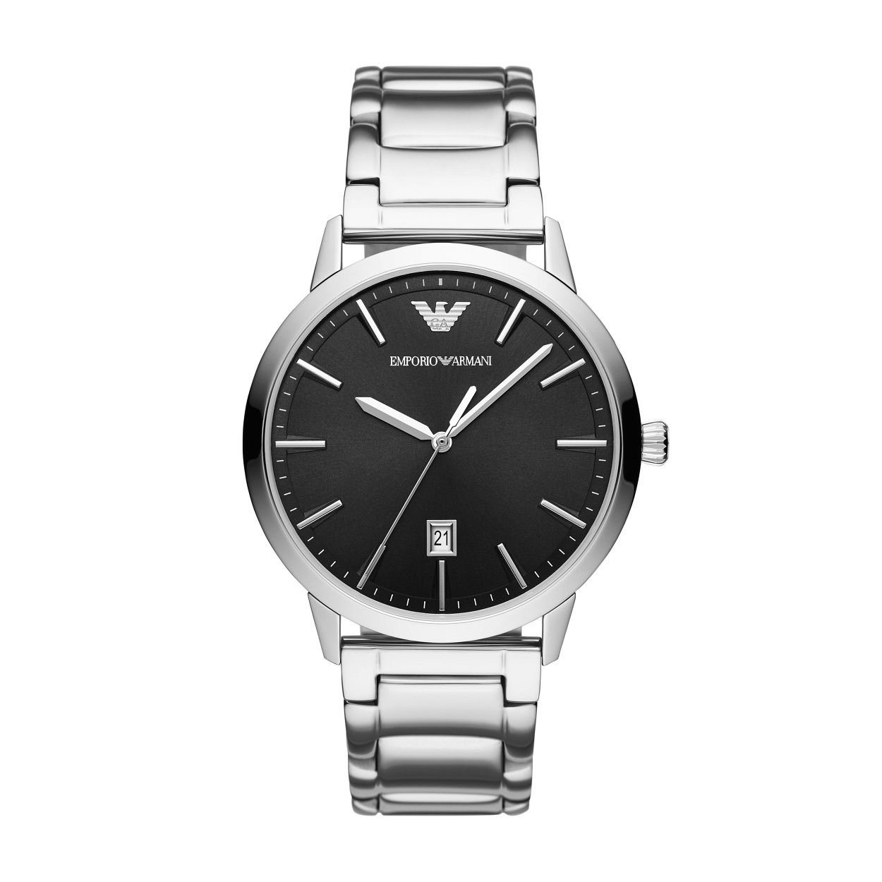 Emporio Armani's 43mm watch features a black sunray dial with silver stick indexes and subeye for the day of the week, three-hand movement and stainless steel bracelet.