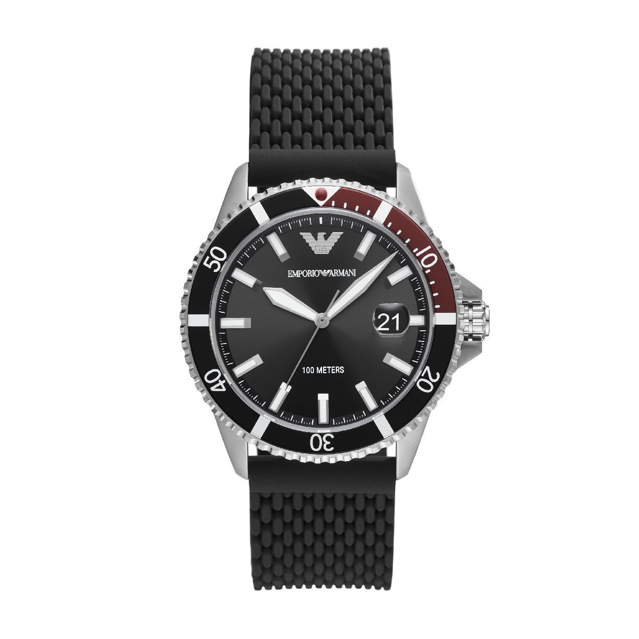 Dit herenhorloge is van het merk Emporio Armani. Het is een  horloge met een band gemaakt van siliconen. De diameter van de kast is 43 mm.
De verdere specificaties van het horloge zijn als volgt:
Bandbreedte (mm): 22
Kastmateriaal: edelstaal
Techniek: quartz