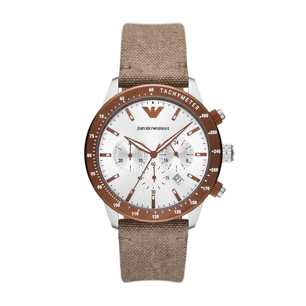 Dit herenhorloge is van het merk EMPORIO ARMANI. Het is een horloge gemaakt van edelstaal. De diameter van de kast is43 mm 
De verdere specificaties van het horloge zijn als volgt:
Kastvorm: Rond
Kastkleur: Zilver
Band materiaal: Canvas
Bandkleur: Grijs
Band breedte: 22
Wijzerplaatkleur: Zilver