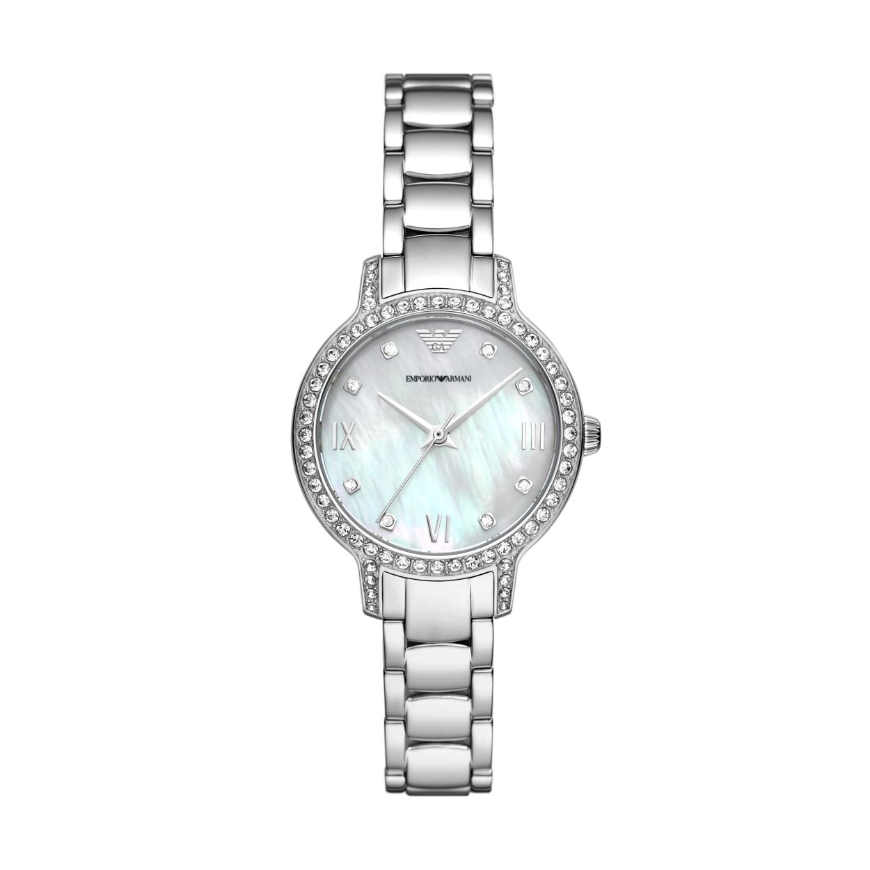 Dit Emporio Armani horloge van 32�mm heeft een witte parelmoeren glanzende wijzerplaat, roestvrijstalen kast met kristallen, uurwerk met drie wijzers en een roestvrijstalen armband.
