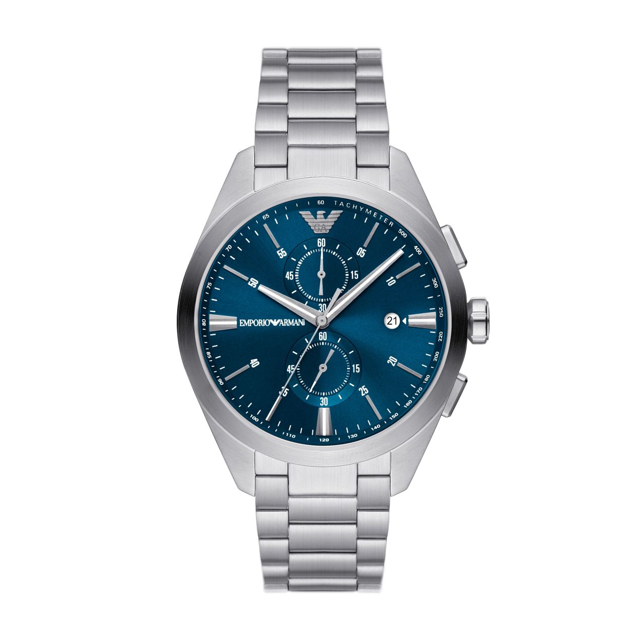 Dit Emporio Armani horloge van 43�mm heeft een blauwe sunray-wijzerplaat, chronograaf uurwerk en een roestvrijstalen armband.