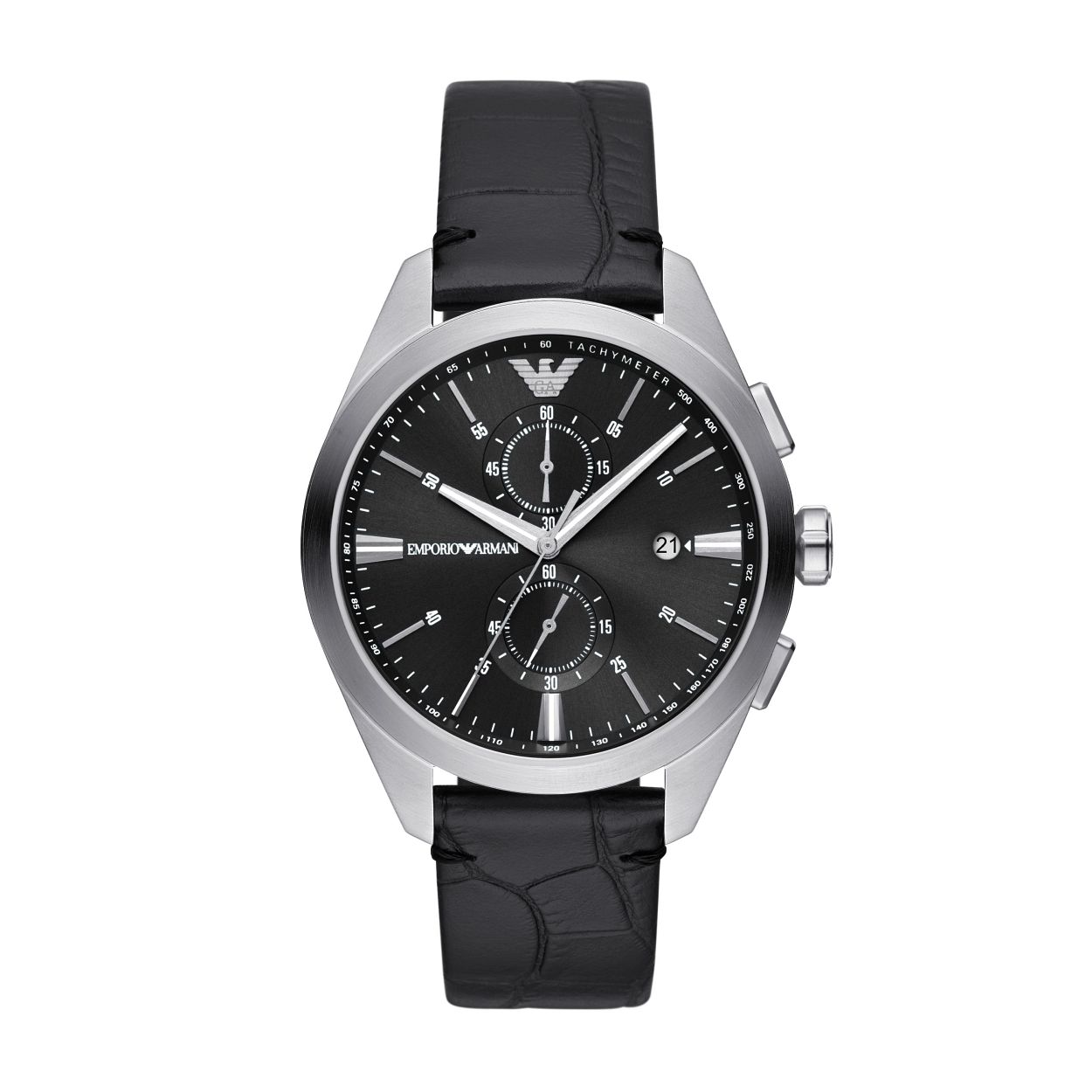 Dit Emporio Armani horloge van 43�mm heeft een zwarte getextureerde sunray-wijzerplaat, chronograaf uurwerk en een zwart leren bandje.