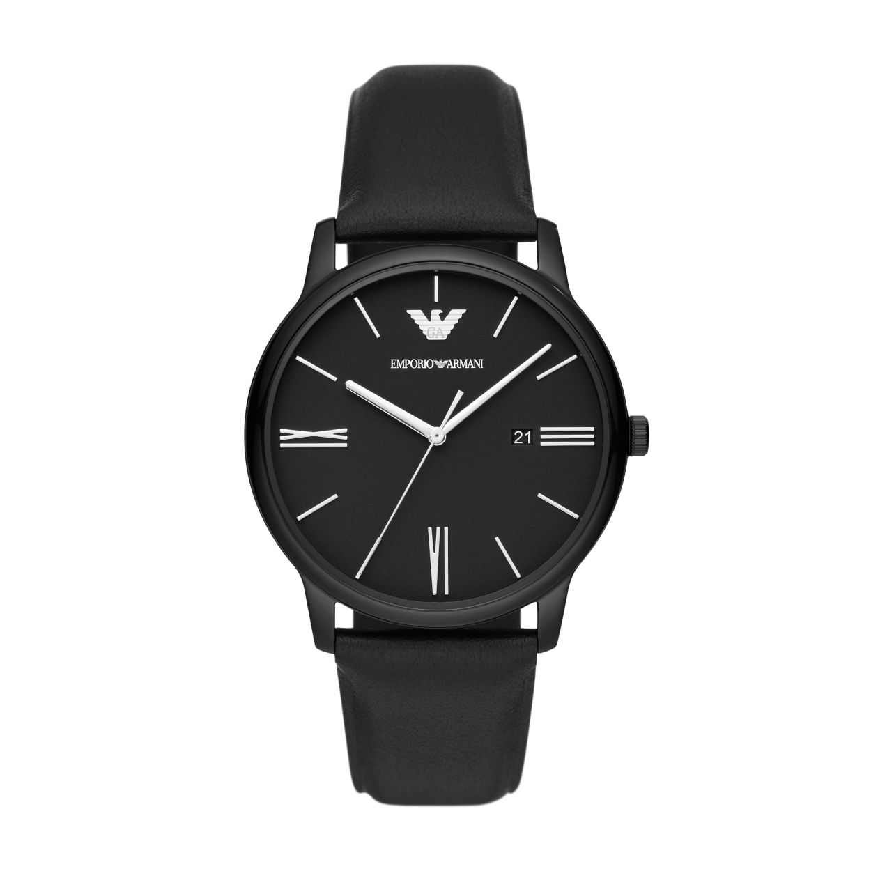 Dit Emporio Armani heren horloge van 42mm heeft een zwarte matte wijzerplaat, een uurwerk met drie wijzers en datum en een zwart lederen bandje.