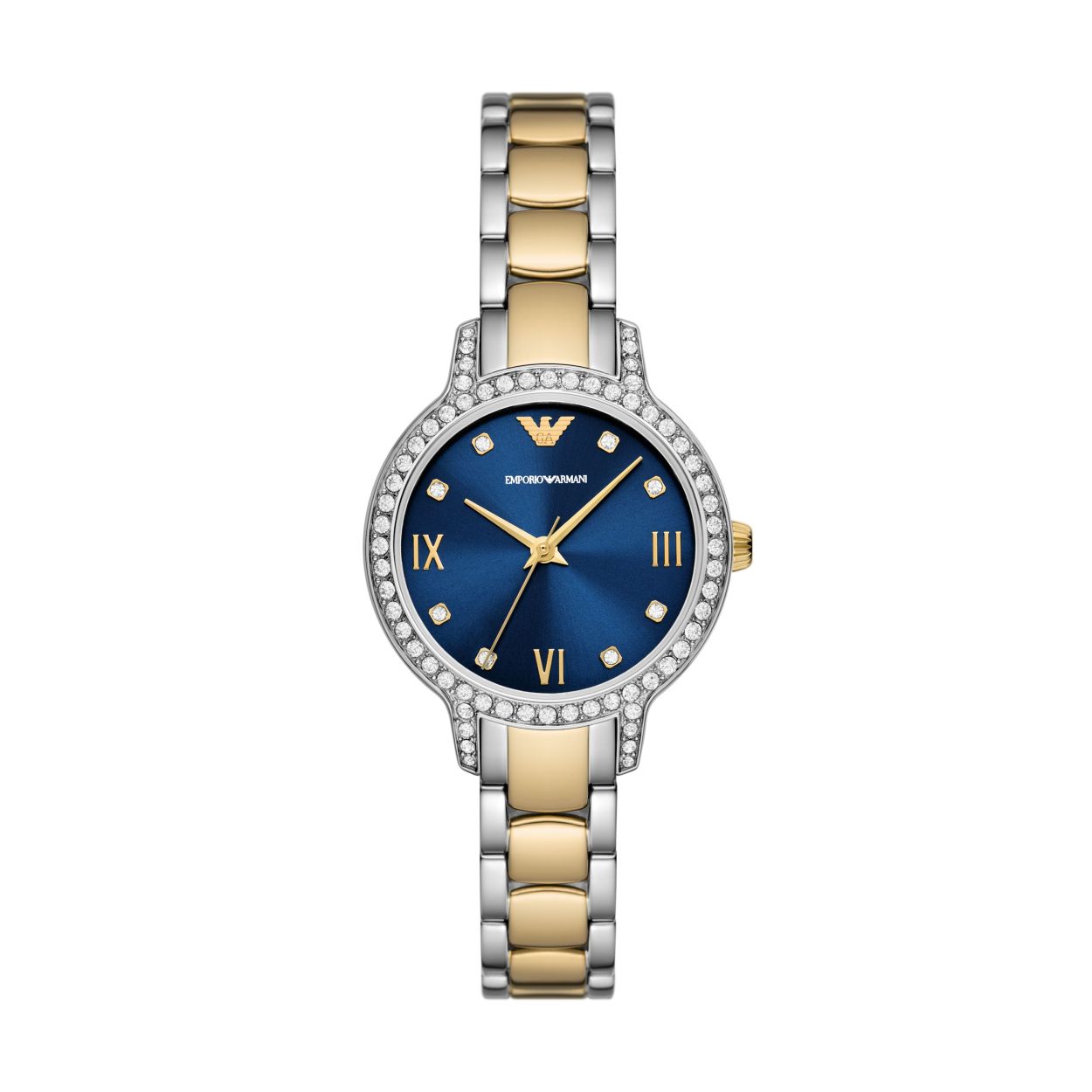 Dit Emporio Armani horloge van 32mm heeft een blauwe sunray-wijzerplaat, uurwerk met drie wijzers en een tweekleurige roestvrijstalen armband.