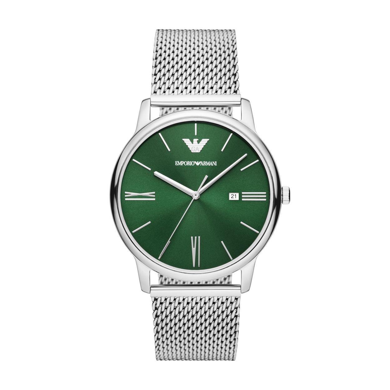 Dit Emporio Armani horloge van 42�mm heeft een groene sunray-wijzerplaat, een uurwerk met drie wijzers en datum en een roestvrijstalen mesh bandje.