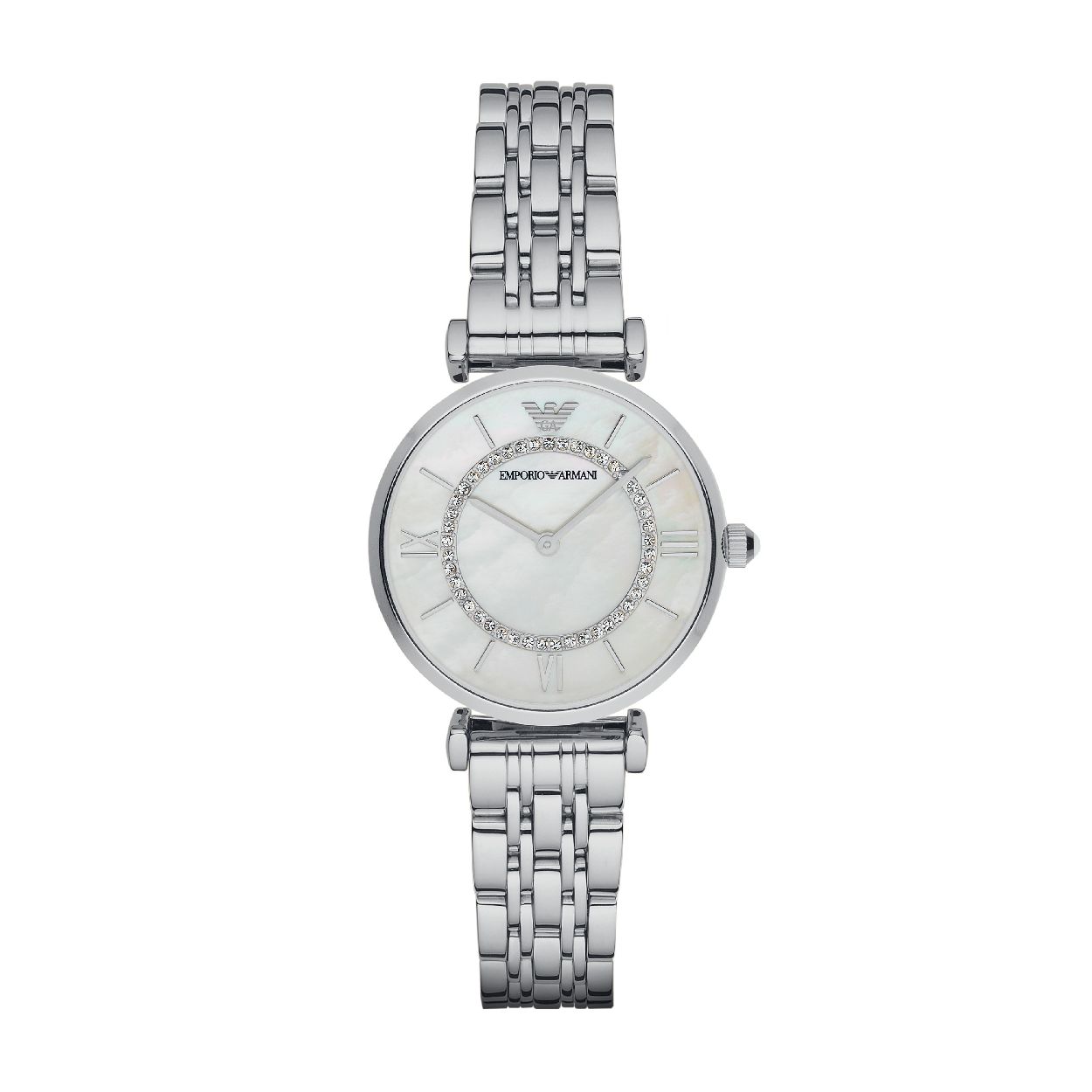 Dit dameshorloge is van het merk Emporio Armani. Het is een  horloge met een band gemaakt van edelstaal. De diameter van de kast is 32 mm.
De verdere specificaties van het horloge zijn als volgt:
Bandbreedte (mm): 14
Kastmateriaal: edelstaal
Techniek: quartz