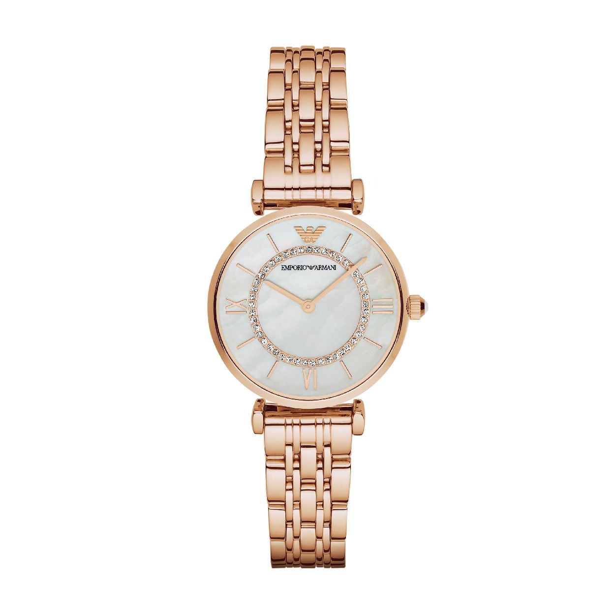 Dit dameshorloge is van het merk Emporio Armani. Het is een  horloge met een band gemaakt van edelstaal. De diameter van de kast is 32 mm.
De verdere specificaties van het horloge zijn als volgt:
Bandbreedte (mm): 14
Kastmateriaal: edelstaal
Techniek: quartz