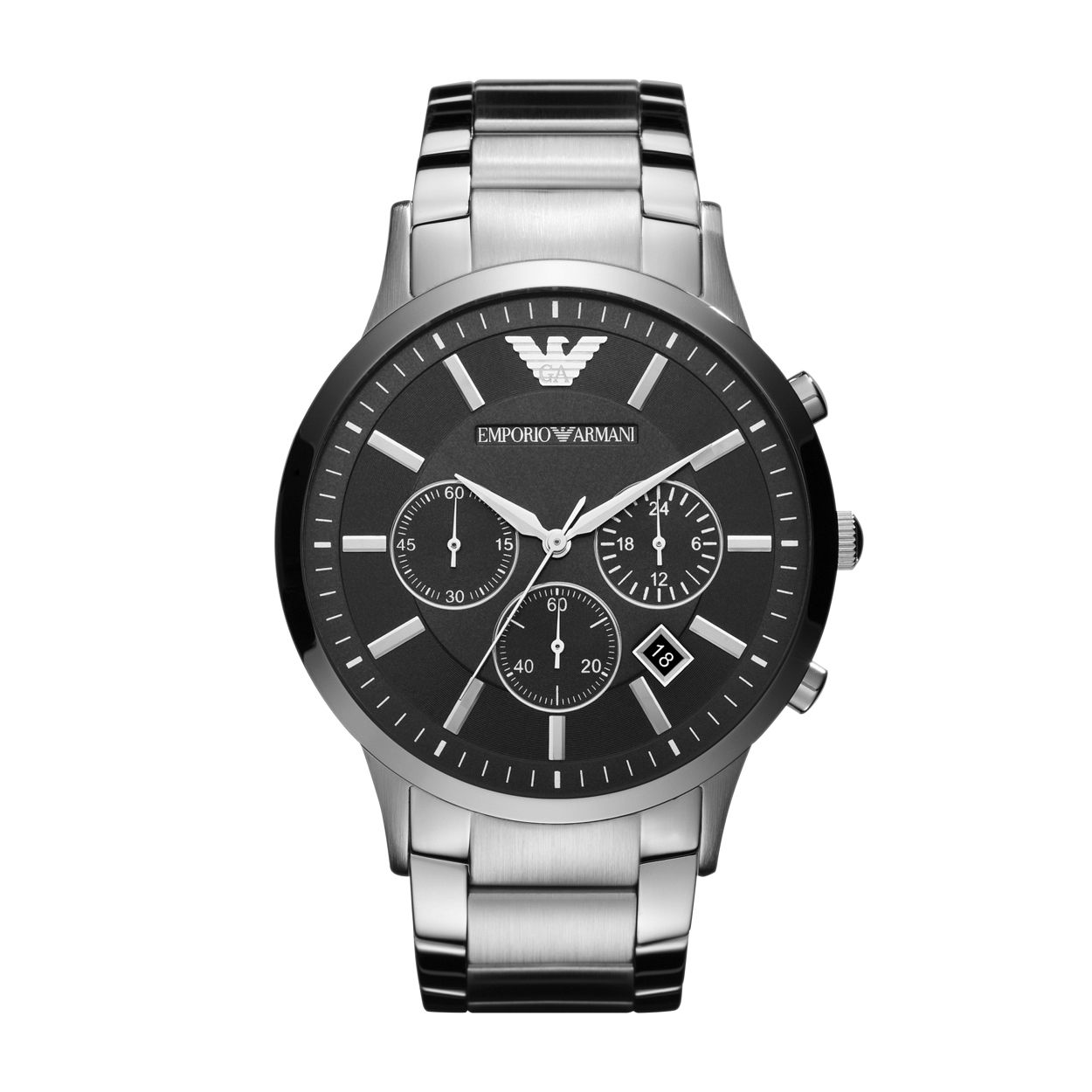 Dit is een horloge van het merk Emporio Armani.

De verdere specificaties zijn: 
Kast:
Kastkleur: Zilver
Kastmateriaal: Roestvrij staal
Kastvorm: Rond
Kastmaat: 46 mm
Kastdikte: 12 mm

Band:
Bandkleur: Zilver
Bandafwerking: Geborsteld, Gepolijst
Bandmateriaal: Roestvrij staal
Bandbreedte: 24 mm
Bandlengte: Onduidelijk
Sluiting: Vlindersluiting

Wijzerplaat: 
Wijzerplaatkleur: Zwart

Overige eigenschappen:
Waterdichtheid: 5 ATM
Gewicht: 175 gram
Aanduiding: Quartz chronograaf