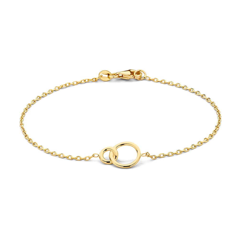 Gouden armband met stevige ankerschakel en twee verbonden cirkels.�
