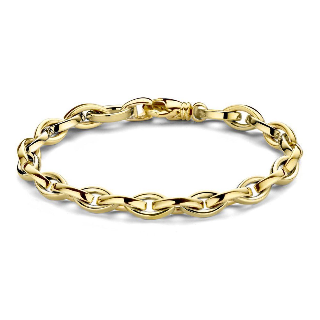 Geelgouden schakelarmband met luxe sluiting.
