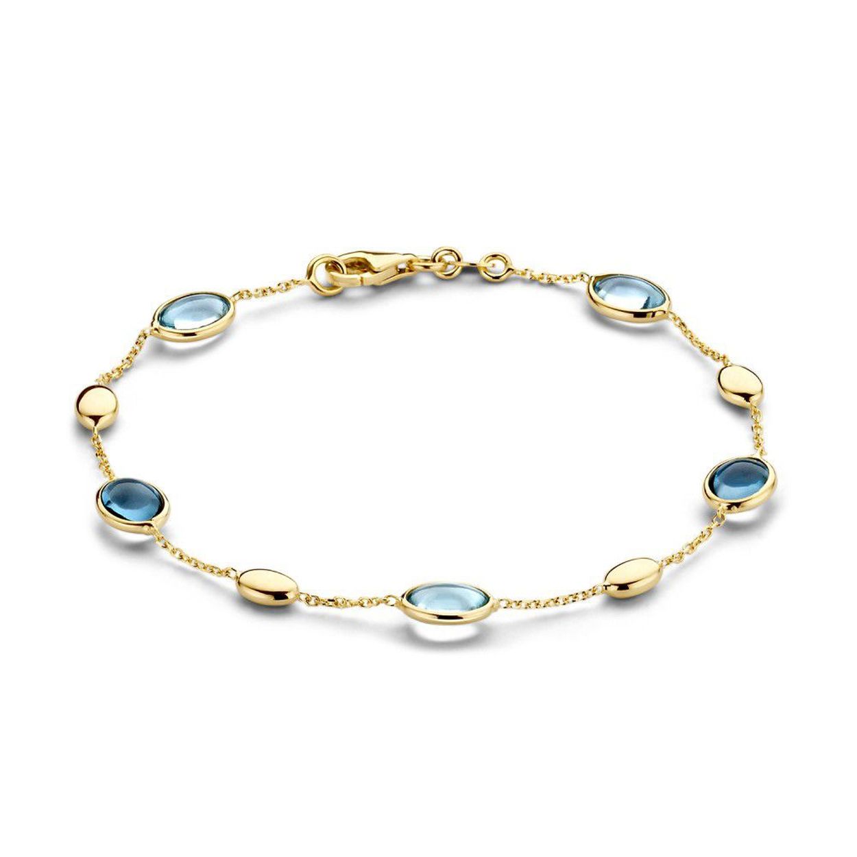 Geelgouden armband met blauwe edelstenen (topaas en london blue topaas), cabochon geslepen.
