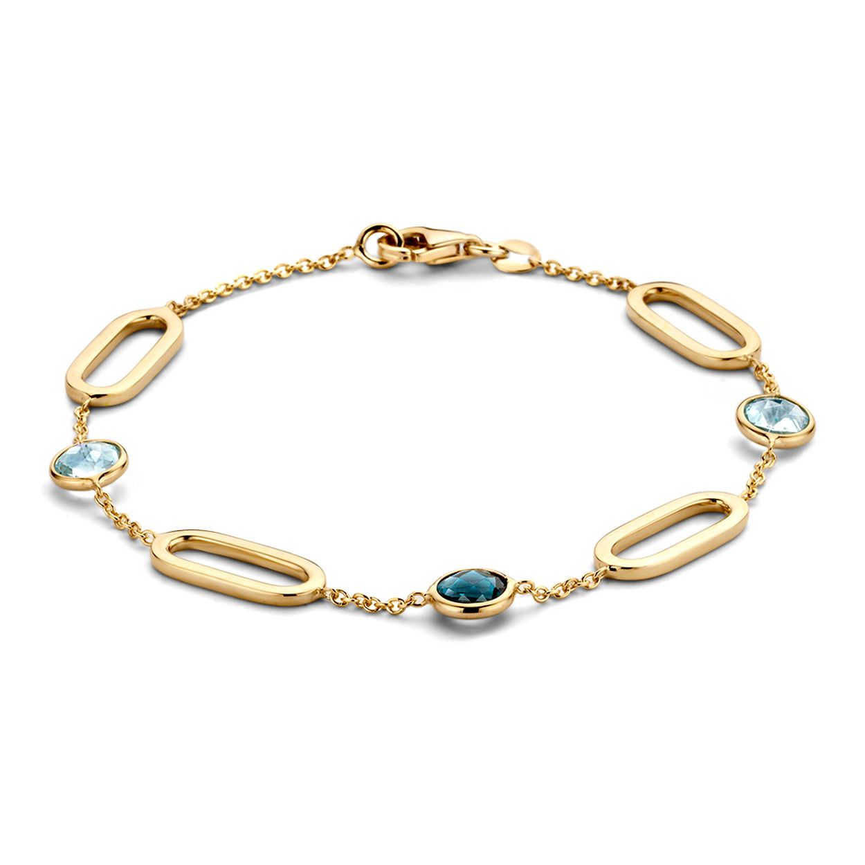 Geelgouden schakelarmband met ovale schakels en blauwe topaas + london blue topaas.