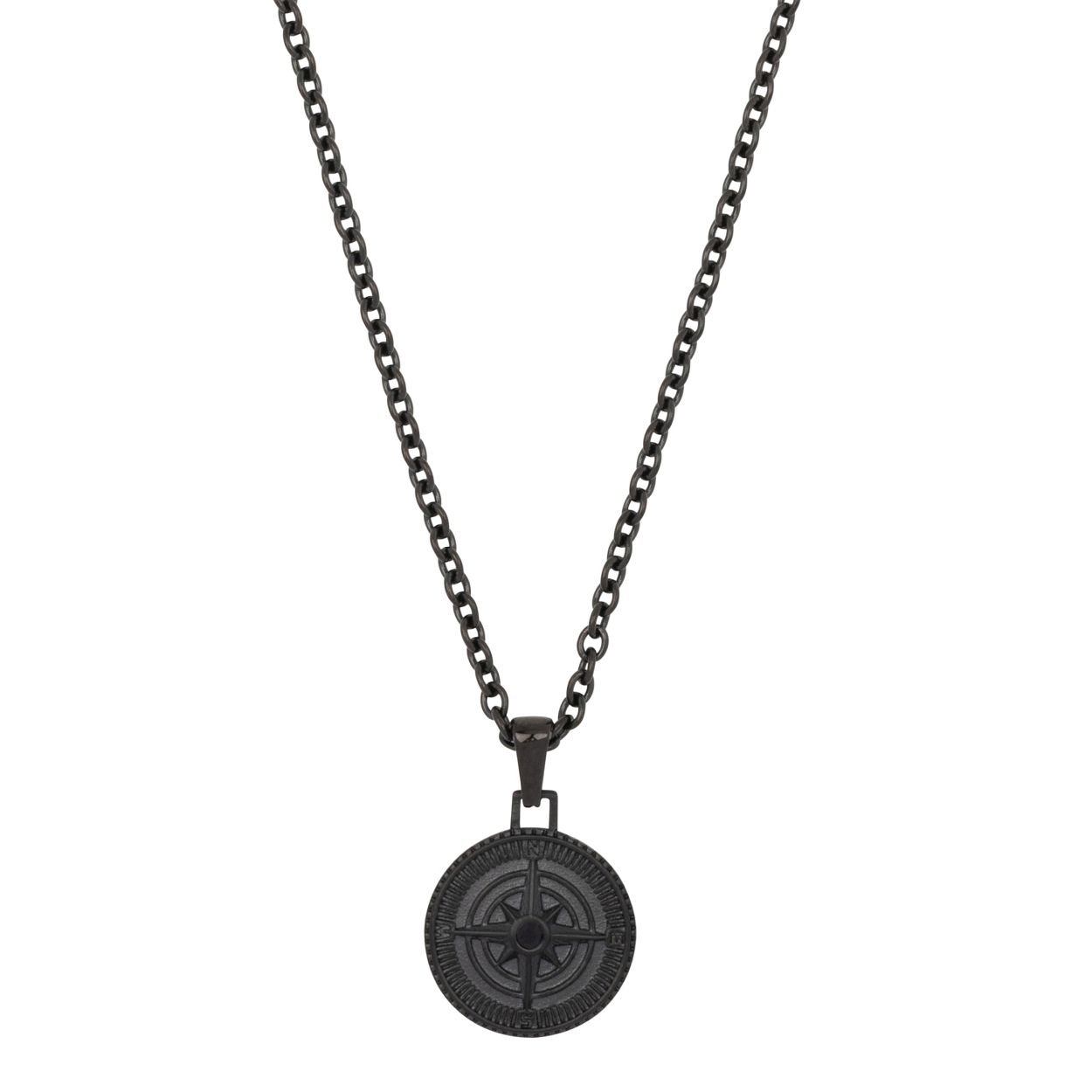 Dit klassieke en tijdloze collier bestaat uit een enkele kompashanger. Deze ontwerpen, een eerbetoon aan de geest van de zee, herinterpreteren de symbolen van avontuur. Hij is gemaakt van 316L staal, ook wel chirurgisch staal genoemd, en heeft een zwart kleurige uitstraling. 
De collier heeft een lengte van 70cm met een verlengstuk van 10cm.
