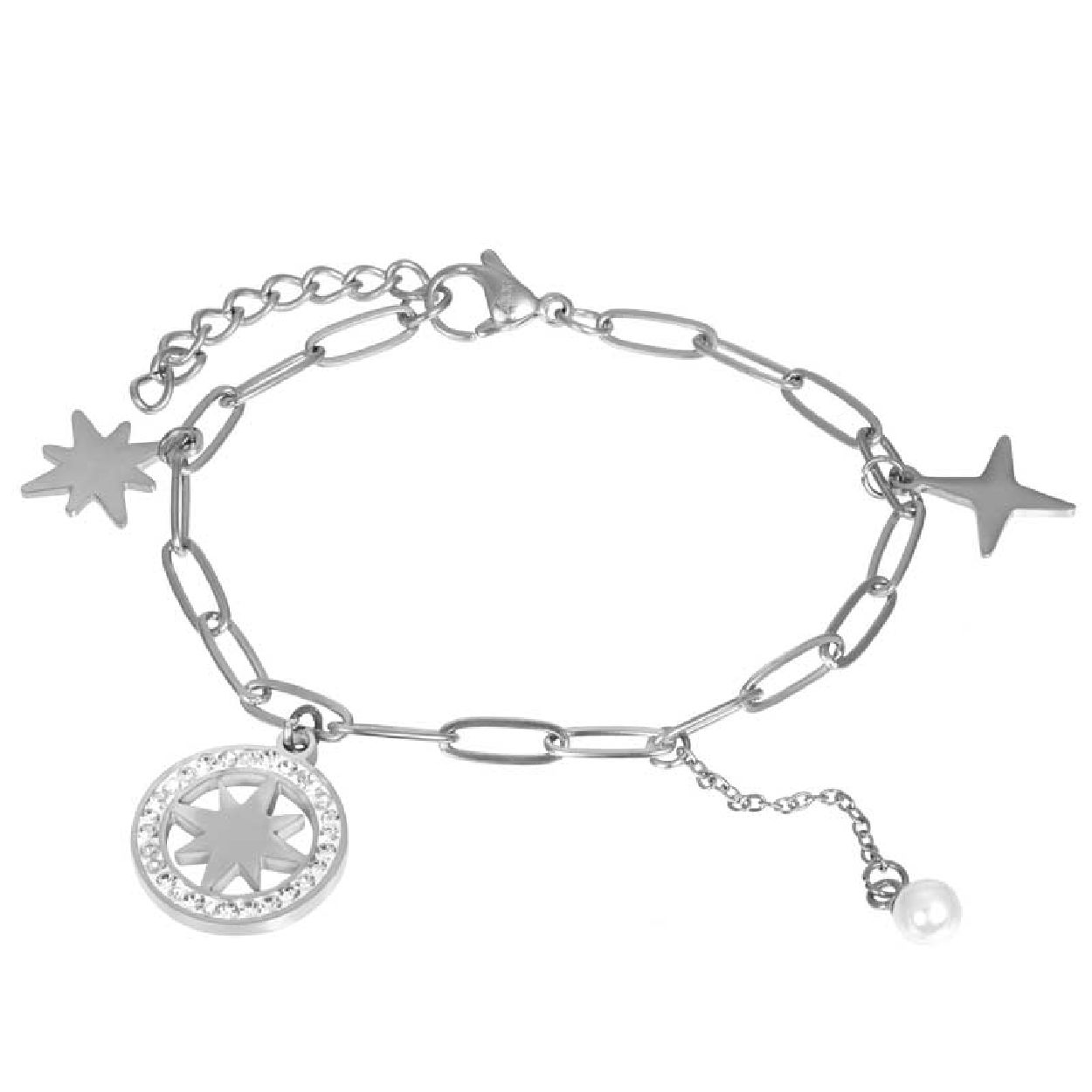 De iXXXi armband Sparkle is gemaakt van stainless steel. De bracelet bestaat uit een grove, zilverkleurige schakel, heeft een lengte van 17 - 20 centimeter en is voorzien van een delicate sluiting. De iXXXi armband is voorzien van verschillende symbolen zoals een ketting met een pareltje en verschillende stervormen. Mix en match met meerdere zilverkleurige iXXXi armbanden uit onze collectie en maak zo jouw 'armparty' compleet. De iXXXi bracelet Sparkle is ook te verkrijgen in de kleuren goud en rosé goud.