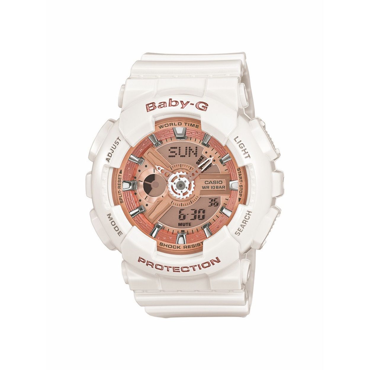 Dit horloge van Casio komt uit de collectie: BABY-G Urban. Dit horloge heeft de volgende functies: LED lampje, 5 alarmen per dag, Automatische kalender, 12/24-uurs tijdweergave, Knopgeluiden aan/uit, Schokbestendig, Stopwatchfunctie - 1/100 sec. - 24 uur, Snoozefunctie, Snoozefunctie, Wereldtijden