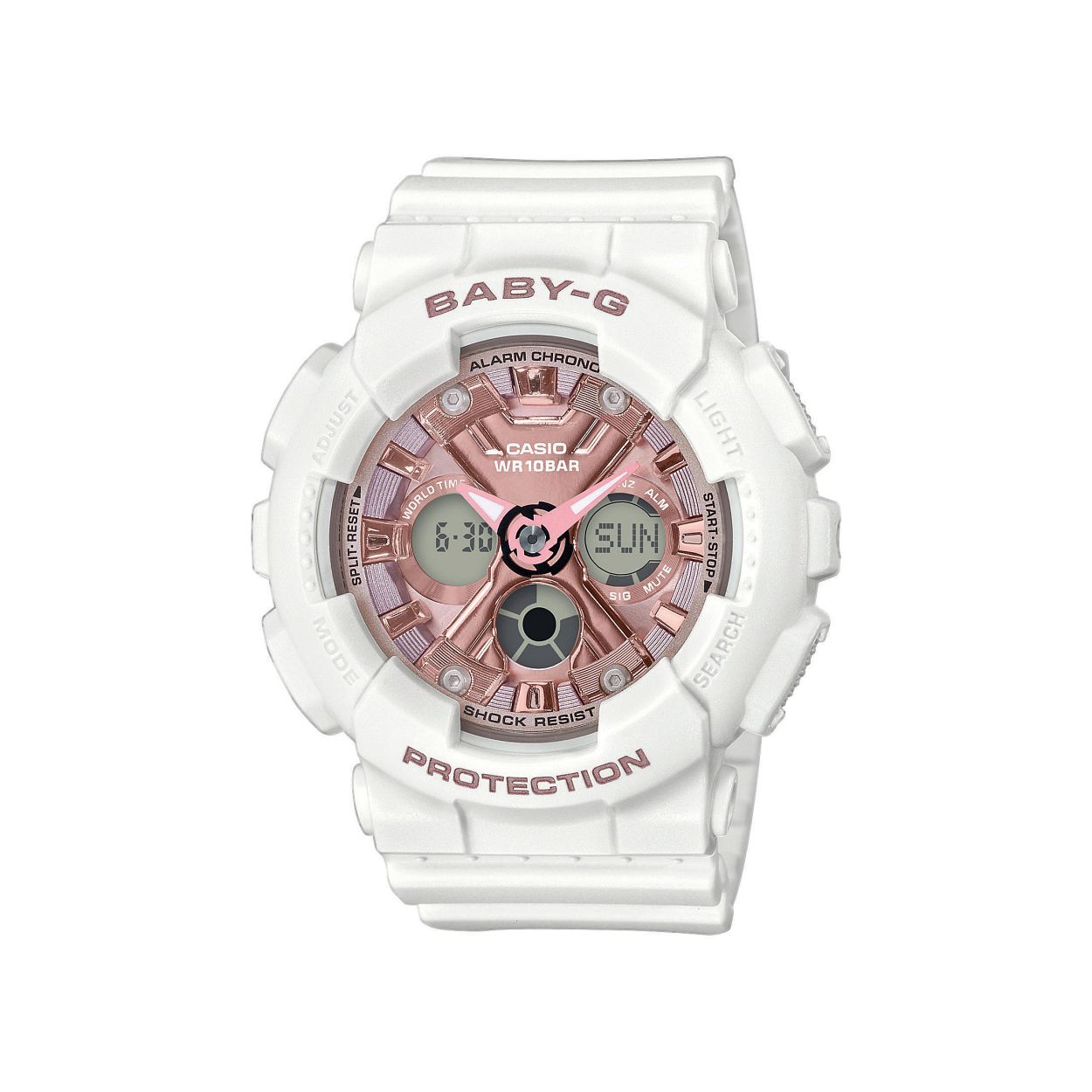 Dit dameshorloge is van het merk Casio. Het is een digitaal analoog horloge gemaakt van kunststof
De verdere specificaties van het horloge zijn als volgt:
Glassoort: mineraal
Kastmateriaal: kunststof
Waterdichtheid: 10 ATM
Kastkleur: Wit
Bandmateriaal: Kunststof
Bandkleur: Wit
Kastmaat: 43
Wijzerplaatkleur: Roze
Kastvorm: Rond
Sluiting: Gesp