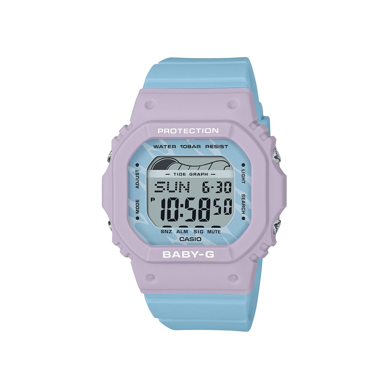 Dit is een Casio horloge uit de collectie BABY-G Beach. 
Dit horloge heeft de volgende specificaties: 

Kast: 
Kastmateriaal: Kunststof Kast
Kasthoogte: 42.1 mm
Kastbreedte: 37.9 mm
Kastdikte: 11.3 mm

Band: 
Sluiting: Gesp
Bandmateriaal: Resinarmband

Overige specificaties: 
Gewicht: 30 gram
Glassoort: Mineraalglas
Waterdichtheid: Classificatie waterbestendigheid (10 bar)
3 multifunctionele alarmen
Batterijduur: 3 jaar - 1 batterij
LED lampje
Displayflitser
Automatische kalender
12/24-uurs tijdweergave
Getijdenindicator
Knopgeluiden aan/uit
Schokbestendig
Stopwatchfunctie - 1/100 sec. - 24 uur
Zeiltimer (akoestische afloopsignaalgever)
Timer - 1/1 min. - 24 uur (met aut. herhaling)
Snoozefunctie
Wereldtijden
Batterij: CR1616
ACCURATIE: +/- 30 sec