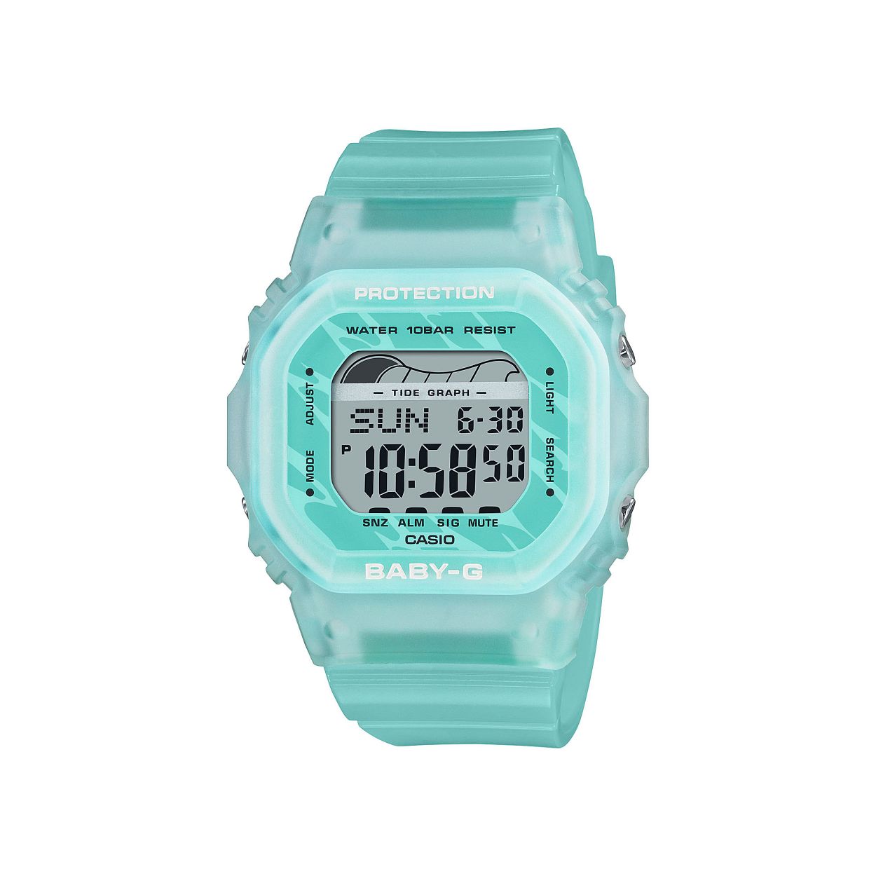 Dit is een Casio horloge uit de collectie BABY-G Beach. 
Dit horloge heeft de volgende specificaties: 

Kast: 
Kastmateriaal: Kunststof Kast
Kasthoogte: 42.1 mm
Kastbreedte: 37.9 mm
Kastdikte: 11.3 mm

Band: 
Sluiting: Gesp
Bandmateriaal: Resinarmband

Overige specificaties: 
Gewicht: 30 gram
Glassoort: Mineraalglas
Waterdichtheid: Classificatie waterbestendigheid (10 bar)
3 multifunctionele alarmen
Batterijduur: 3 jaar - 1 batterij
LED lampje
Displayflitser
Automatische kalender
12/24-uurs tijdweergave
Getijdenindicator
Knopgeluiden aan/uit
Schokbestendig
Stopwatchfunctie - 1/100 sec. - 24 uur
Zeiltimer (akoestische afloopsignaalgever)
Timer - 1/1 min. - 24 uur (met aut. herhaling)
Snoozefunctie
Wereldtijden
Batterij: CR1616
ACCURATIE: +/- 30 sec