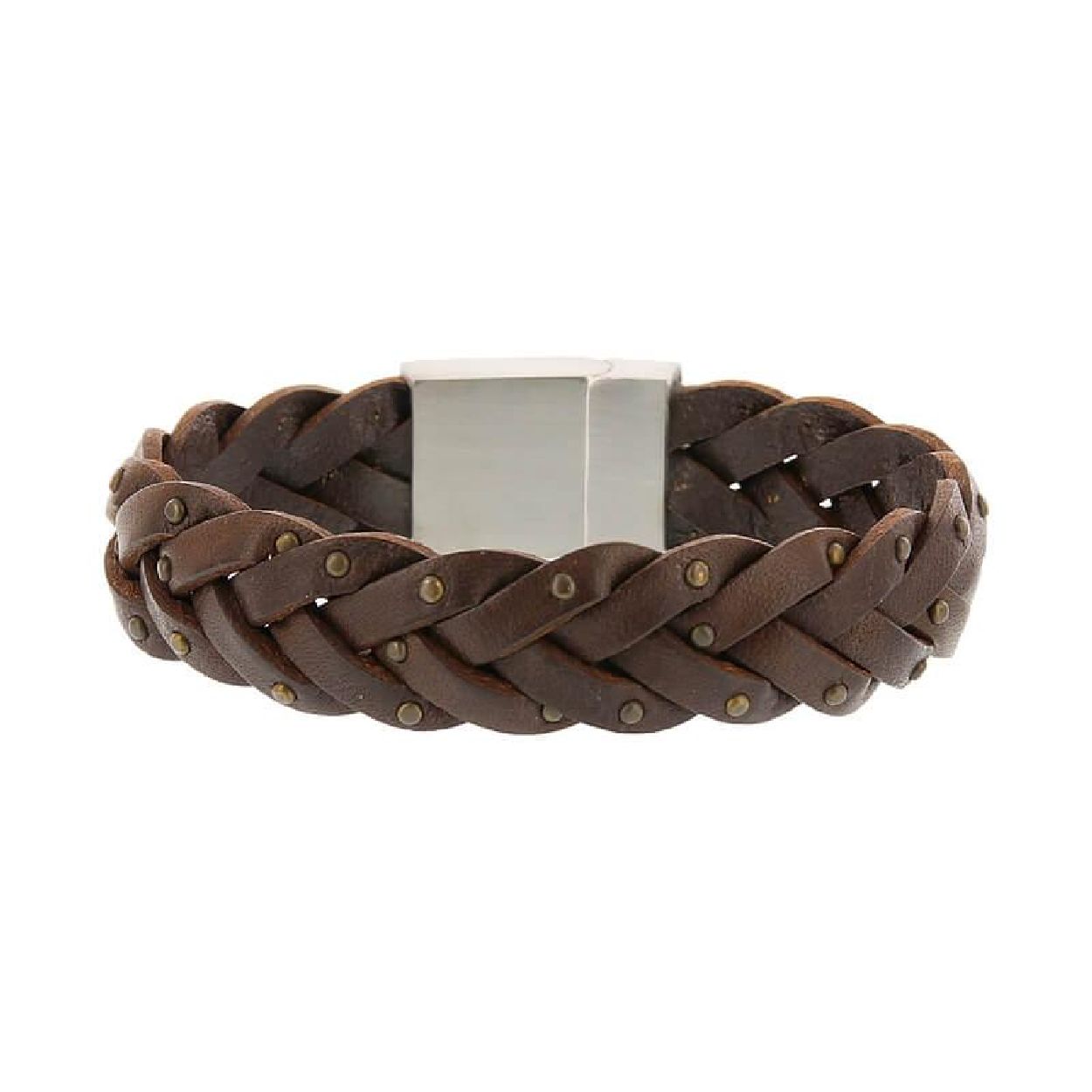 De Brace Jewels armband is een handgemaakte leren armband en is voorzien van een mat zilverkleurige sluiting gemaakt van stainless steel. De bracelet is gemaakt van donkerbruin leer en heeft een grof gevlochten design met &eacute;&eacute;n rij vlechtwerk. Het vlechtwerk is voorzien van verschillende, goudkleurige stalen, ronde studs.