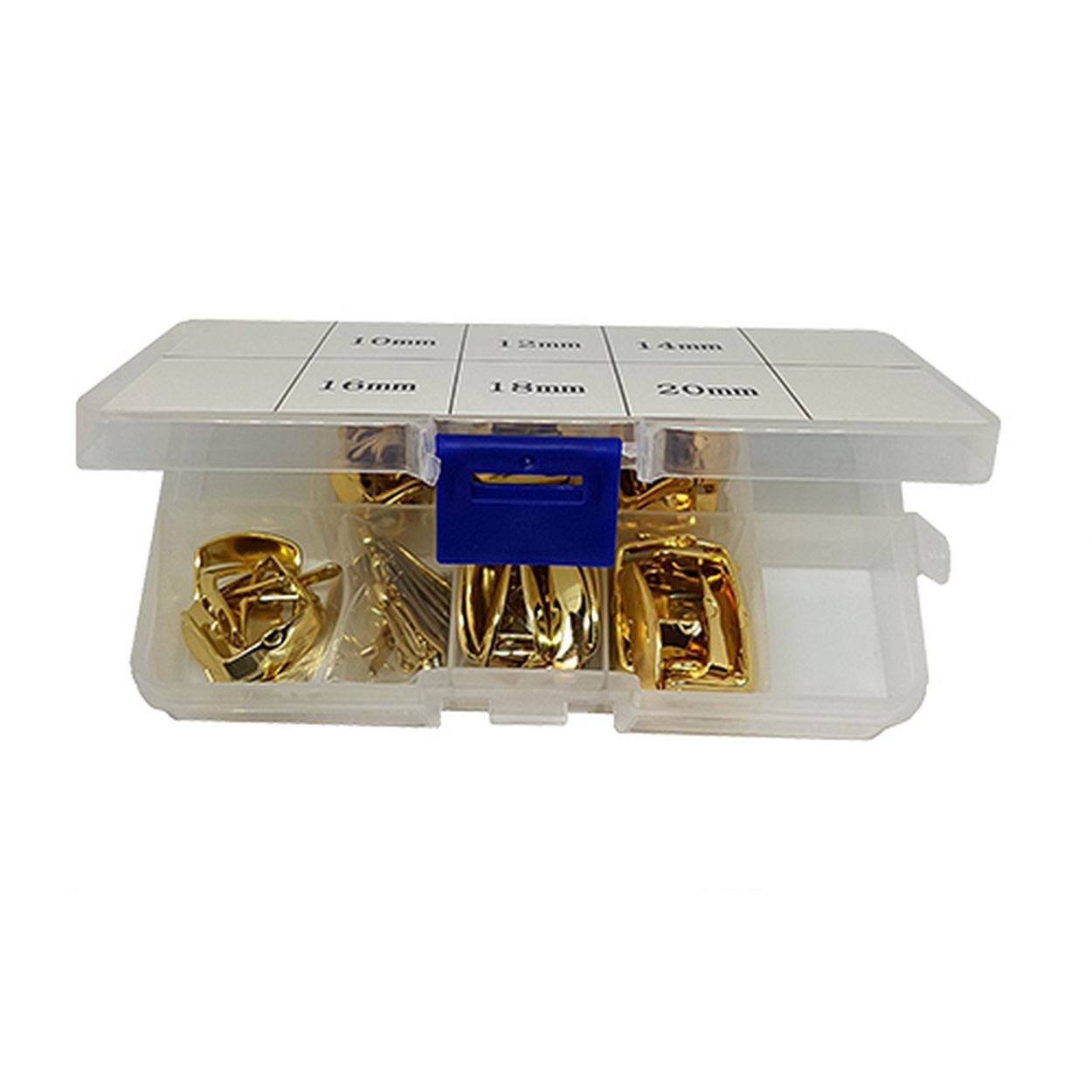 Assortiment Roestvrijstalen BBS-gespen, PVD-vergulde. 10x 10, 12, 14, 16, 18 EN 20 mm. Totaal 60 stuks in opbergdoos.