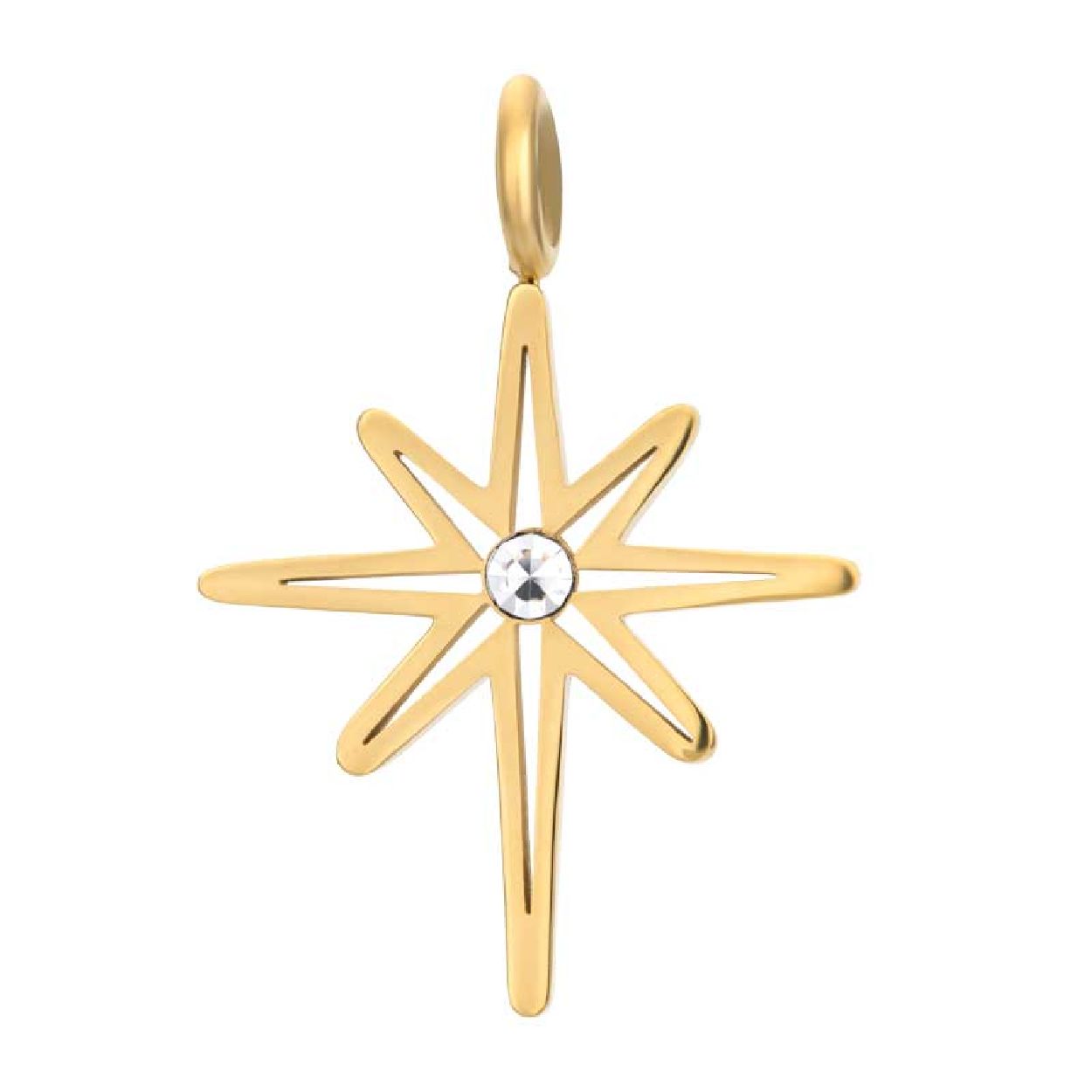 De iXXXi charm Sparkle Star is gemaakt van stainless steel en is voorzien van een goudkleurige plating. De hanger bestaat uit een goudkleurige ster met ongelijke punten en is in het midden voorzien van een zilverkleurige, ronde zirconia. De charm heeft een afmeting van 22 millimeter breed en 25 millimeter hoog en kan worden gecombineerd met een iXXXi ketting uit onze collectie. Mix en match en speel bijvoorbeeld met meerdere goudkleurige charms aan jouw iXXXi ketting. De charm Sparkle Star is ook verkrijgbaar in de kleuren rosé goud en zilver.