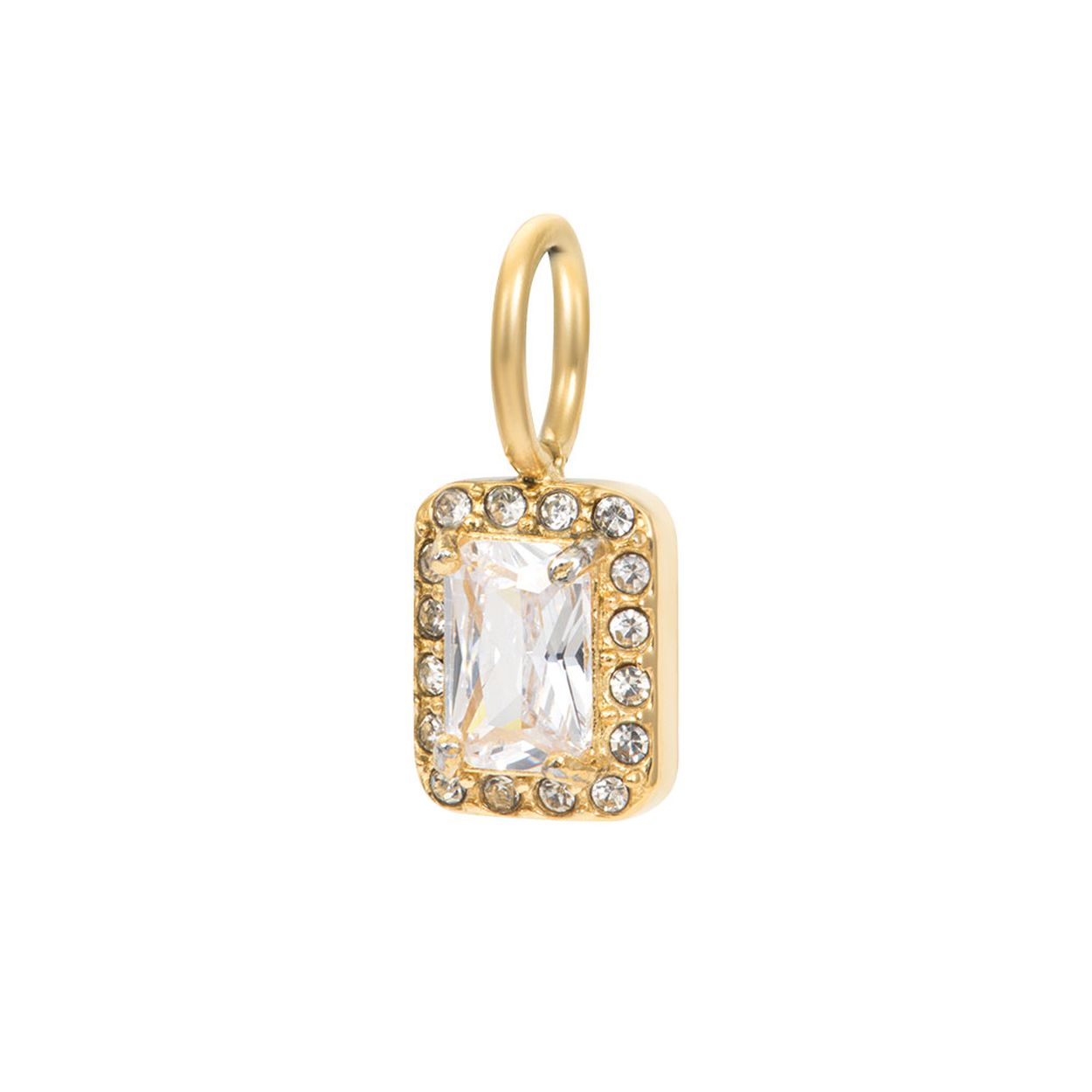 De iXXXi pendant Celebration is gemaakt van stainless steel en is voorzien van een goudkleurige plating. De hanger bestaat uit een rechthoekige vorm die is ingelegd met één grote zirconia steen en een aantal kleine zilverkleurige zirconia's rondom. De pendant Celebration heeft een afmeting van 9mm. Mix en match en speel met bijvoorbeeld meerdere goudkleurige pendants aan jouw iXXXi ketting.