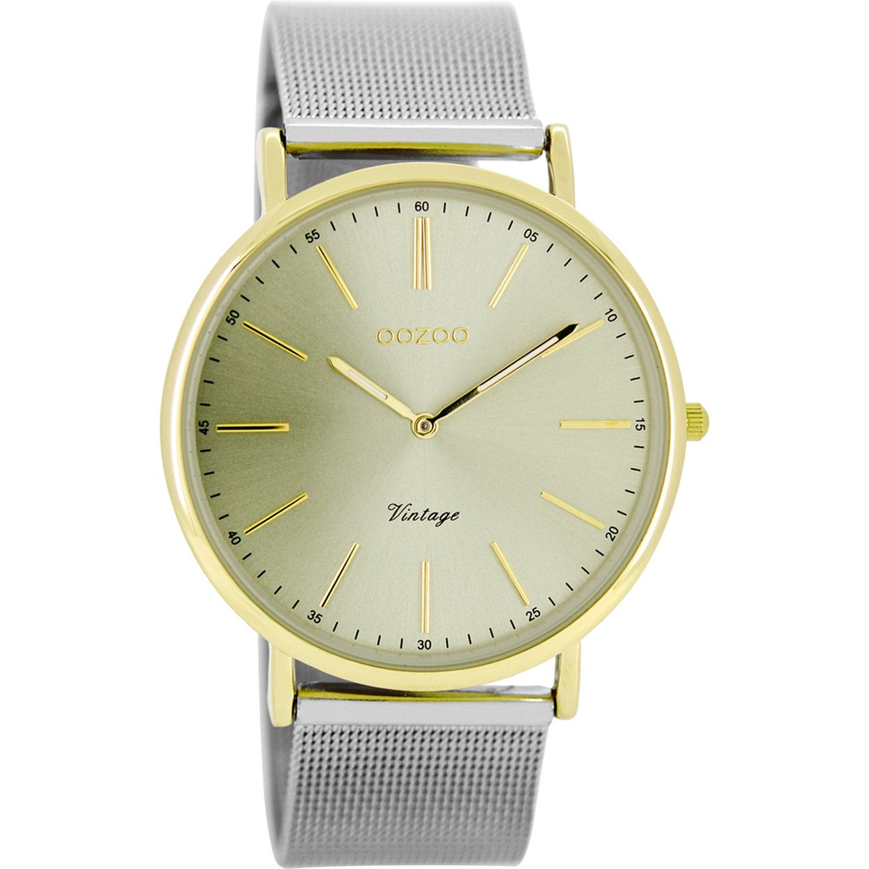 De Oozoo Dameshorloge C8159 in zilver/goud (40mm) biedt elegantie en stijl. Kenmerken zijn: analoge wijzerplaat, groene wijzerplaatkleur, metalen kast en band, Milanese mesh bandmodel, goudkleurige kast, zilverkleurige band, en mineraalglas. Waterdichtheidsniveau 2, nikkelvrij. Perfect voor dagelijks gebruik, combineer met zowel casual als formele outfits voor een chique uitstraling.