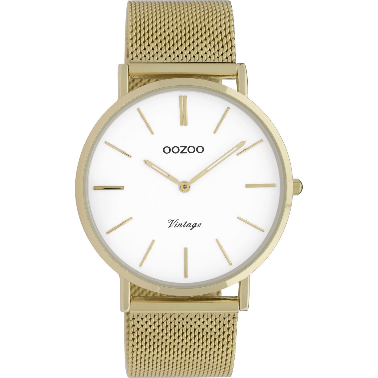 De Oozoo horloge C9909 heeft een goudkleurige metalen kast van 40 mm met een mineraalglas. De witte wijzerplaat en analoge indicatie geven een elegante uitstraling. Het horloge is voorzien van een goudkleurige Milanese mesh band van 20 mm breed. Waterbestendig (niveau 2) en nikkelvrij. Ideaal voor dagelijks gebruik en speciale gelegenheden.