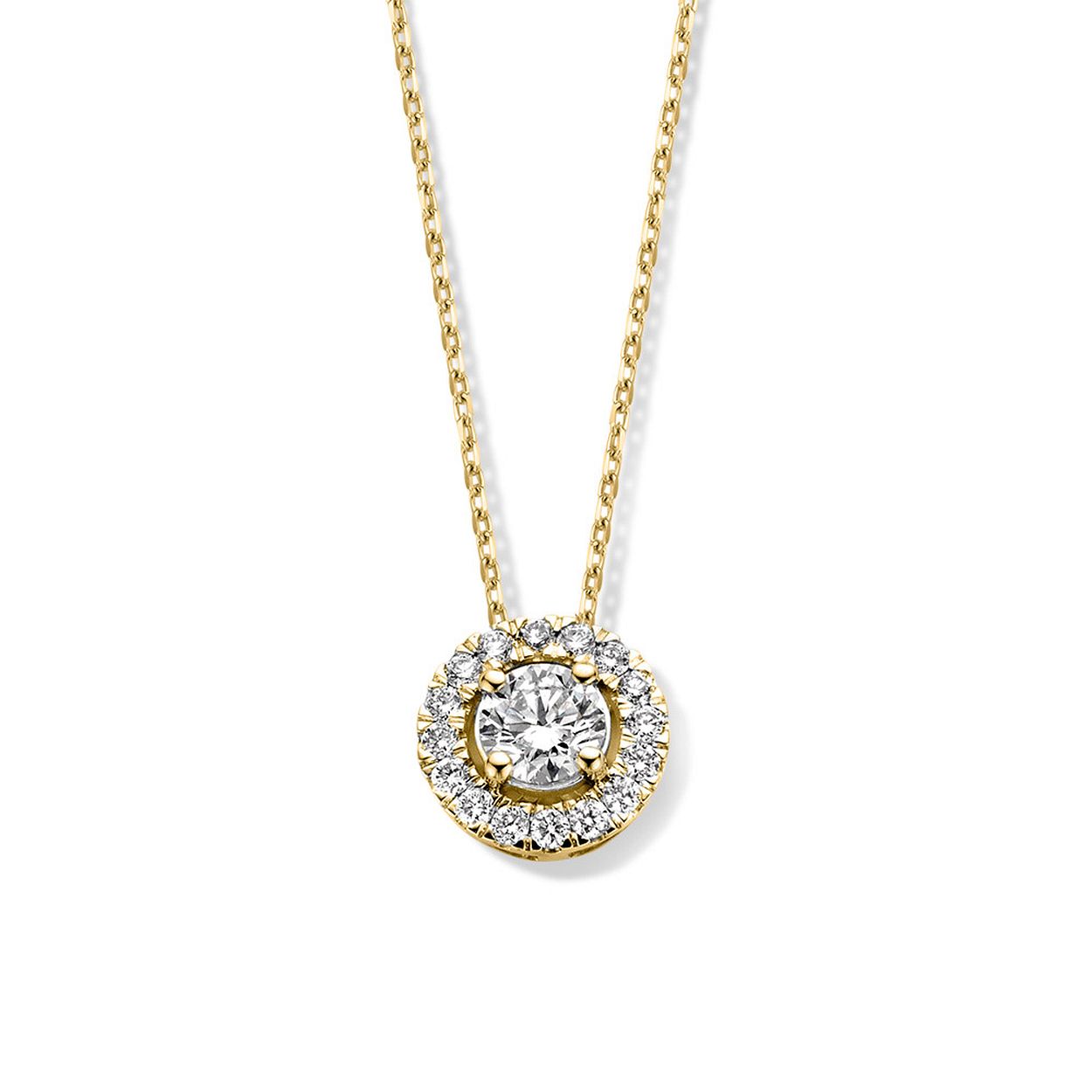Emma is een serie schitterende sieraden met entourage zetting. De ronde middensteen (briljant geslepen) wordt hierbij omringd door kleinere briljanten. Kies zelf de gewenste steengrootte van jouw diamant. De Emma hanger is in verschillende maten beschikbaar.

Het Emma collier heeft naast de heldere zetting met diamant een prachtig 18kt geelgouden ankercollier. Deze schakel is niet alleen mooi in haar eenvoud, maar bovendien erg sterk. 

Collier Emma is onderdeel van een set, in onze collectie zijn bijpassende oorbellen en een ring te vinden. 