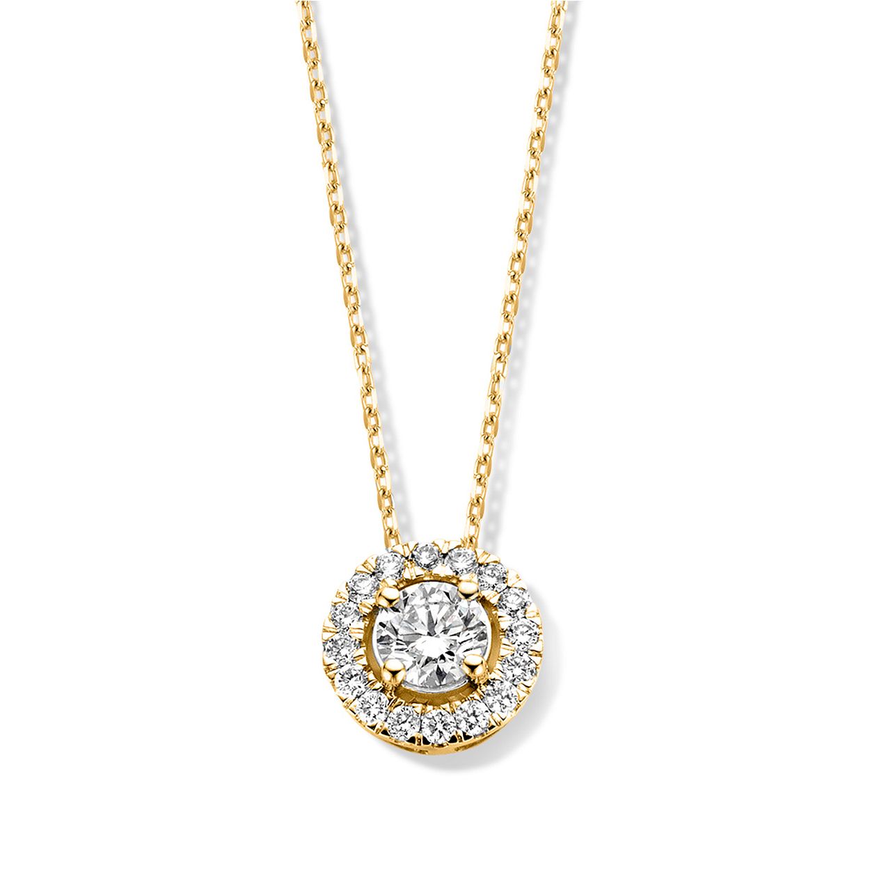 Geelgouden collier 'Emma' (45cm) met entourage hanger (middensteen 0,50 crt.) gemaakt van 18 karaat gerecycled goud.