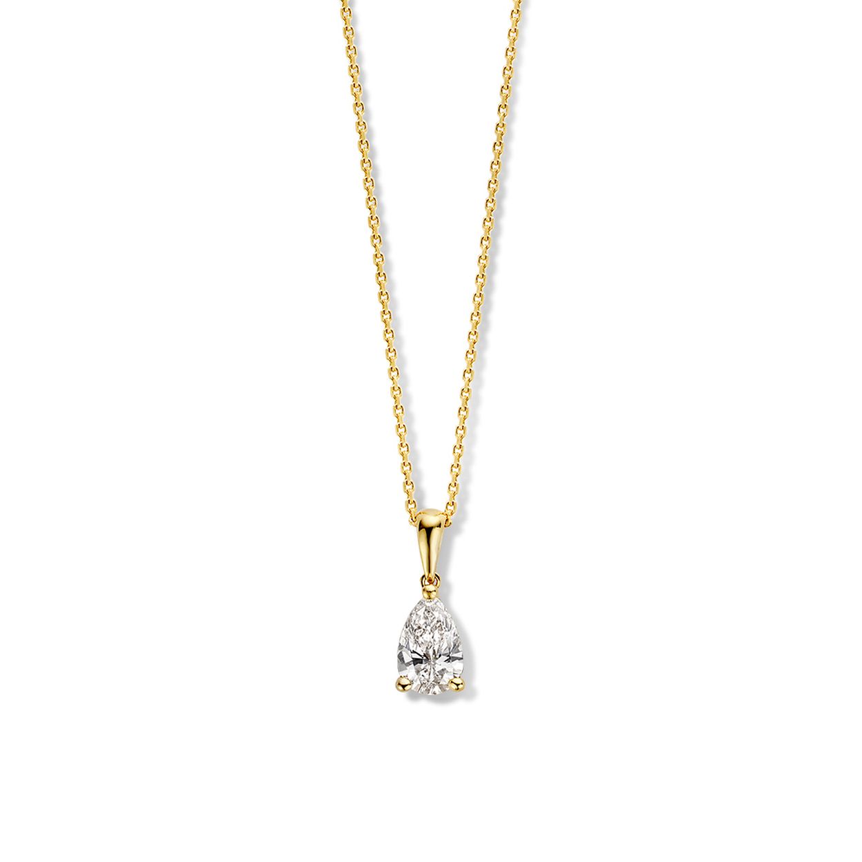 Collier Ava bevat een hanger met een in het oog springende peer geslepen diamant. De peer diamant wordt ook wel een 'tear of hapiness' genoemd. Dankzij deze slijpvorm straalt je diamant optimaal en lijkt hij bovendien optisch groter. Liever een ander diamantslijpsel? Ontdek dan de colliers met briljant, emerald en ovale diamanten. 

Bij deze Ava ketting hangt de fonkelende diamant in gouden zetting aan een mooi en tegelijk sterke ketting met ankerschakel. De ketting heeft een lengte van 45cm, maar is verstelbaar naar 42cm.