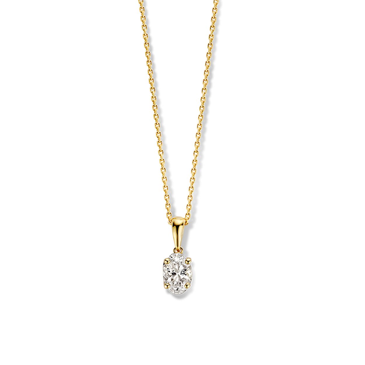 Collier Franky heeft een diamanten hanger met een opvallend ovale vorm. Dankzij deze ovale slijpvorm straalt je diamant optimaal en lijkt hij bovendien optisch groter. Liever een ander diamantslijpsel? Ontdek dan de colliers met briljant, emerald en peer diamanten. 

Bij deze Franky ketting hangt de fonkelende diamant in gouden zetting aan een mooi en tegelijk sterke ketting met ankerschakel. De ketting heeft een lengte van 45cm, maar is verstelbaar naar 42cm.
