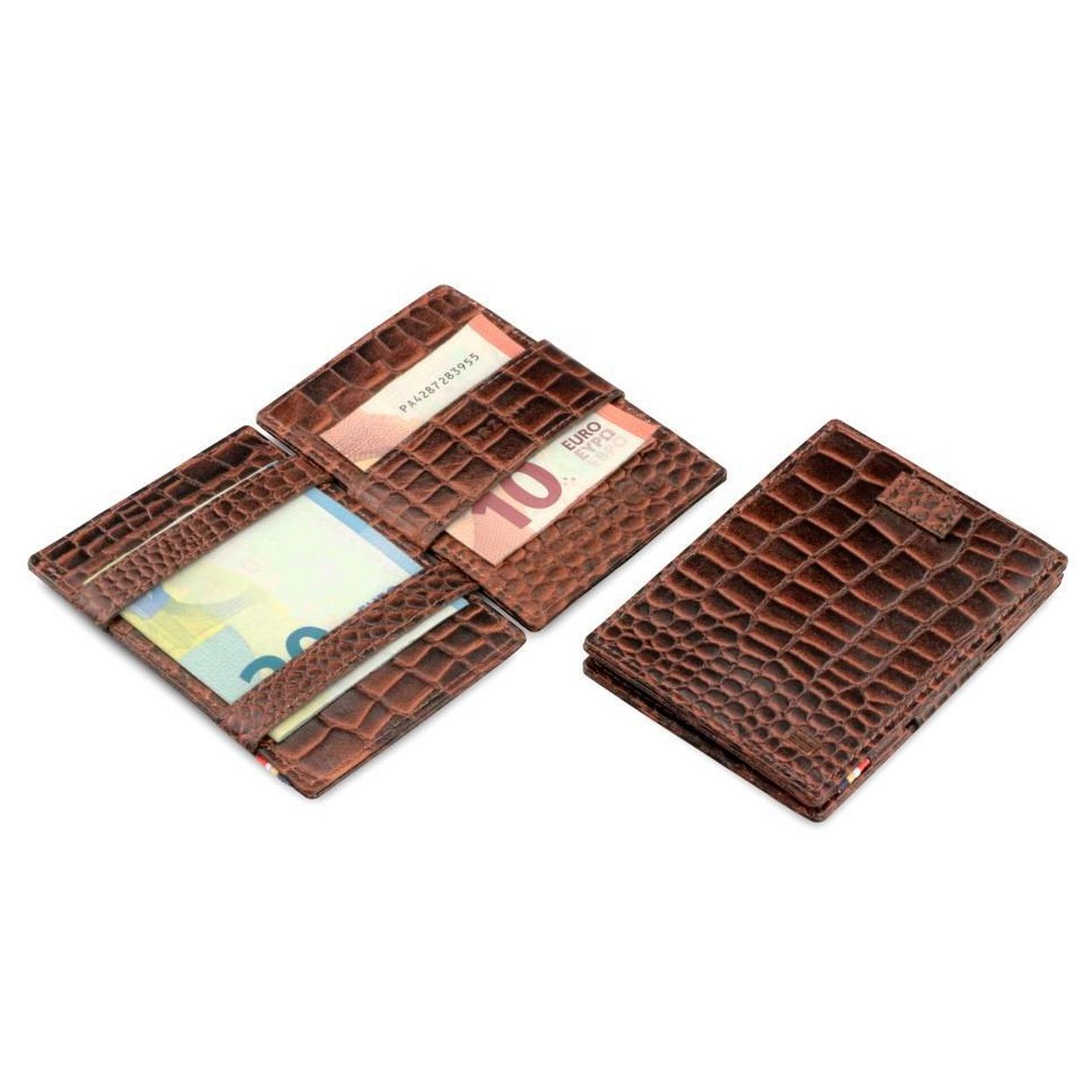 Stores�up to 12 cards in anti-slip card slots
RFID protection
Stores banknotes, receipts and business cards
Suitable for all international banknotes
Unique�Magic Wallet syste
Compact: 10.8cm x 7.5cm x 1cm
Handcrafted�top grain leather walle
Comes in luxurious packaging
Backed by our 2 years warranty

OUR LEATHERS
Our products are handcrafted and made from premium leathers. The leathers are coated with a custom mat or brilliant finish which makes them delightful to hold and use.