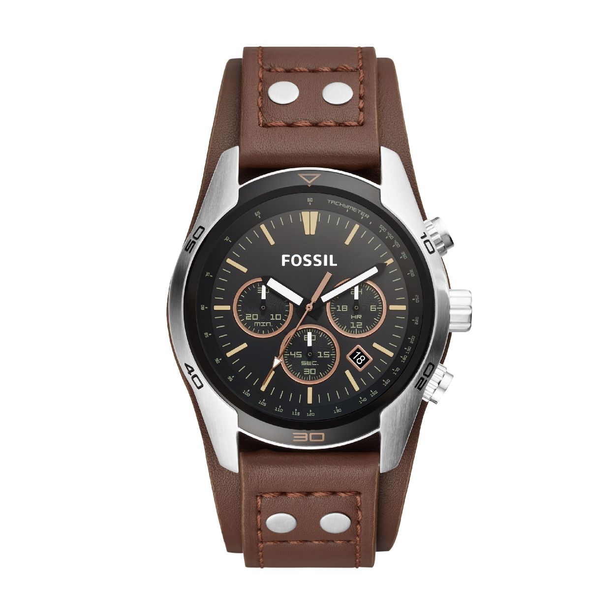 Dit herenhorloge is van het merk Fossil. Het is een chrono horloge met een band gemaakt van leer. De diameter van de kast is 44 mm.
De verdere specificaties van het horloge zijn als volgt:
Bandbreedte (mm): 22
Kastmateriaal: edelstaal
Techniek: quartz