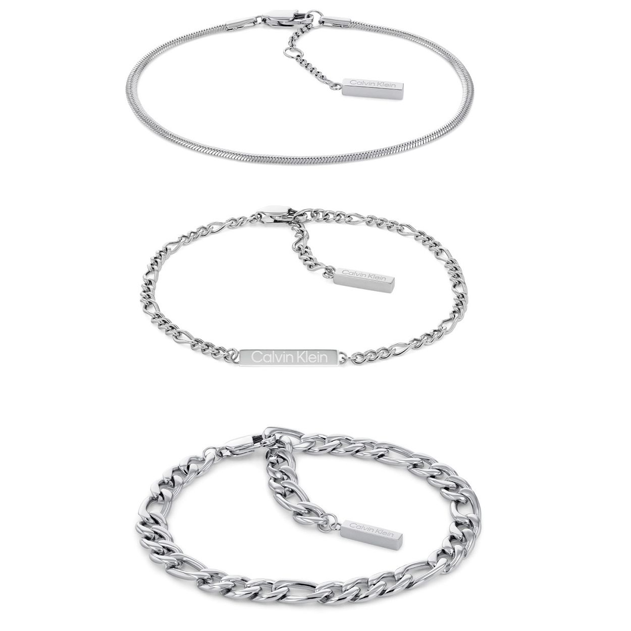 Calvin Klein CJ35700003 Dames Armband 3 delig Staal Fantasie
Deze stalen dames armband van Calvin Klein met nr CJ35700003 is een set. De armband bestaat uit 3 losse armbanden in verschillende schakels, die los en gecombineerd gedragen kunnen worden. 1 Band is in slangschakel en de andere 2 hebben een figaro schakel in verschillende breedte. De zilverkleurige armband heeft een lengte van 17cm en is leuk te combineren met andere sieraden van Calvin Klein.

OVER CALVIN KLEIN
Calvin Klein is een wereldwijd lifestylemerk dat gewaagde, vooruitstrevende idealen en een verleidelijke, vaak minimalistische, esthetiek nastreeft. Calvin Klein werd groot in de jaren 70 door haar mode- en merkjeans collecties. In de jaren 80 lanceerde Calvin Klein haar spraakmakende ondergoed dat uitdrukkelijk van logo �s voorzien was. Vanwege het grote succes is het merk ook succesvol uitgerold in Accessoires, Parfums, Home, Brillen, Golf, Horloges en Sieraden.
Sinds de oprichting in 1968 door Calvin Klein, heeft het merk haar reputatie opgebouwd als leider in de Amerikaanse mode, dankzij een cleane esthetiek en innovatieve ontwerpen. Calvin Klein wil haar publiek verleiden en inspireren door middel van provocerende beelden en opvallende ontwerpen die prikkelen. 

SPECIFICATIES:
- Stalen dames armband
- Verstelbare lengte totaal 17cm
- Zilverkleurig
- 3-delig



