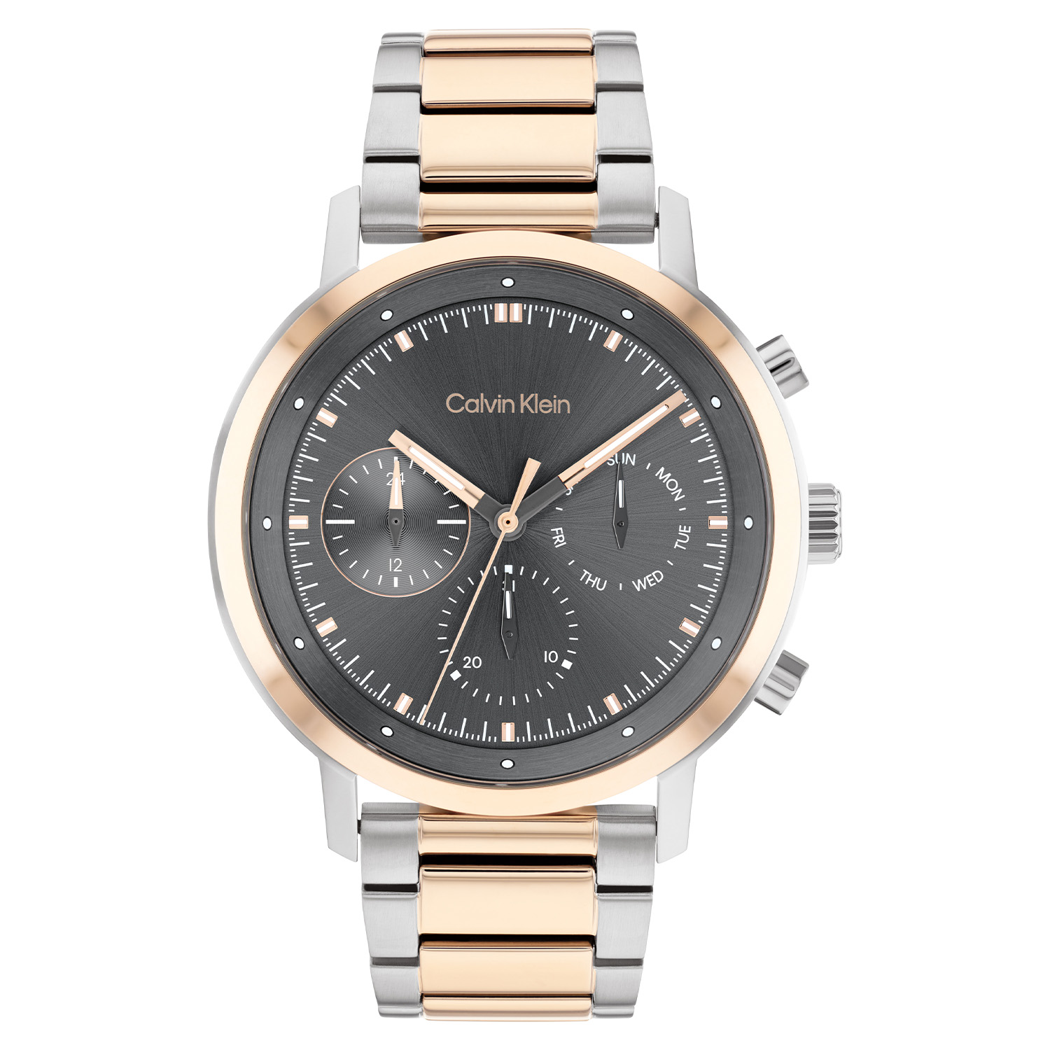 Dit Calvin Klein horloge behoort tot de Gauge collectie.
Referentienummer: 25200064

Dit Calvin Klein horloge heeft een bicolor stalen band en zilverkleurige kast. De roségouden bezel zorgt ervoor dat de grijze wijzerplaat uitspringt. Het horloge is waterbestendig tot 3atm en wordt afgeschermd door mineraalglas.