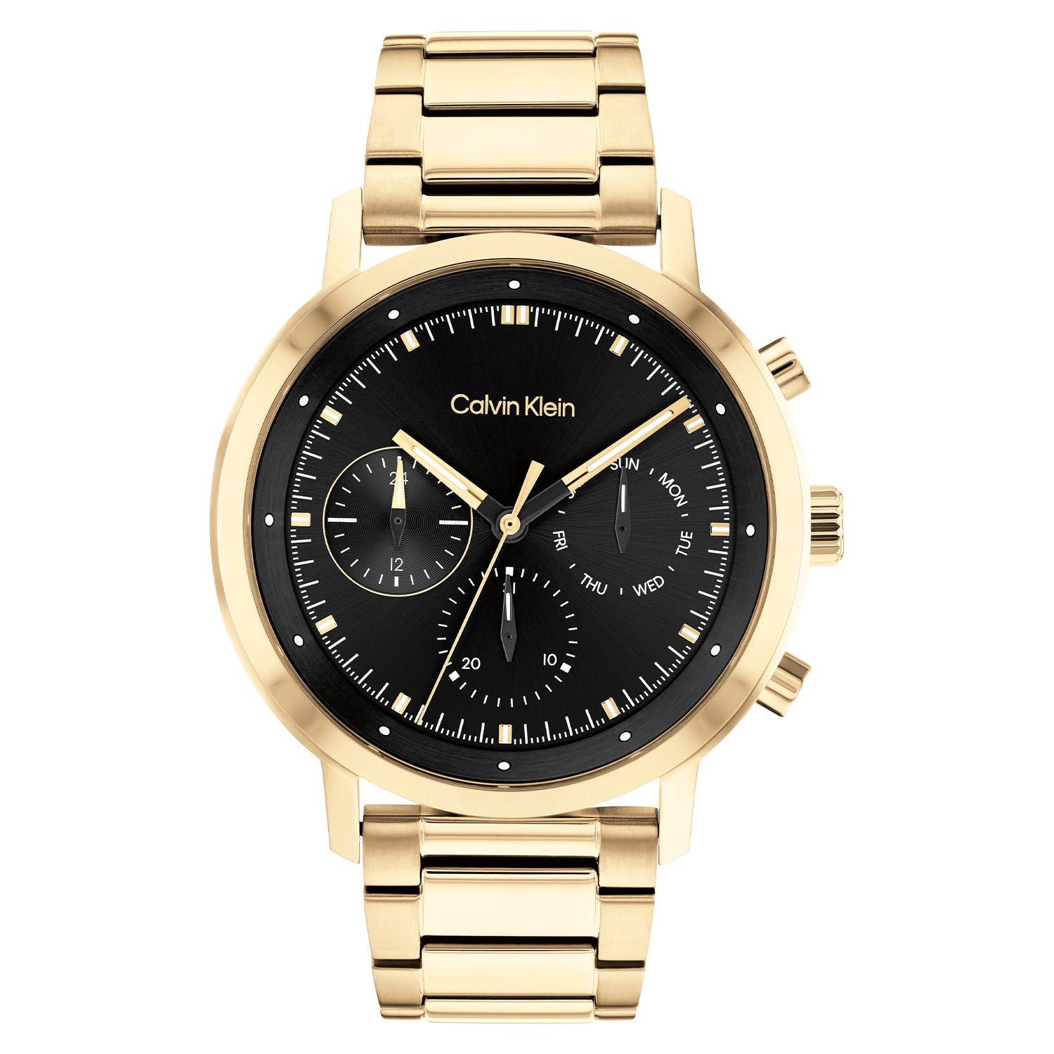 Calvin Klein CK25200065 Heren Staal Horloge 44mm Multifunctie
Dit Calvin Klein heren horloge met nr CK25200065 heeft een multifunctioneel uurwerk, en een stoer en sportief ontwerp. De goudkleurige ronde stalen kast heeft een zwarte wijzerplaat met een dag, datum en 24-uursaanduiding. De witte accenten als uursaanduiding en op de wijzers maken het een duidelijk leesbaar horloge. Aan de stijlvolle kast zit een goudkleurige stalen schakel band. Het heren horloge heeft een mineraalglas, een doorsnee van 44mm en is 3 ATM.