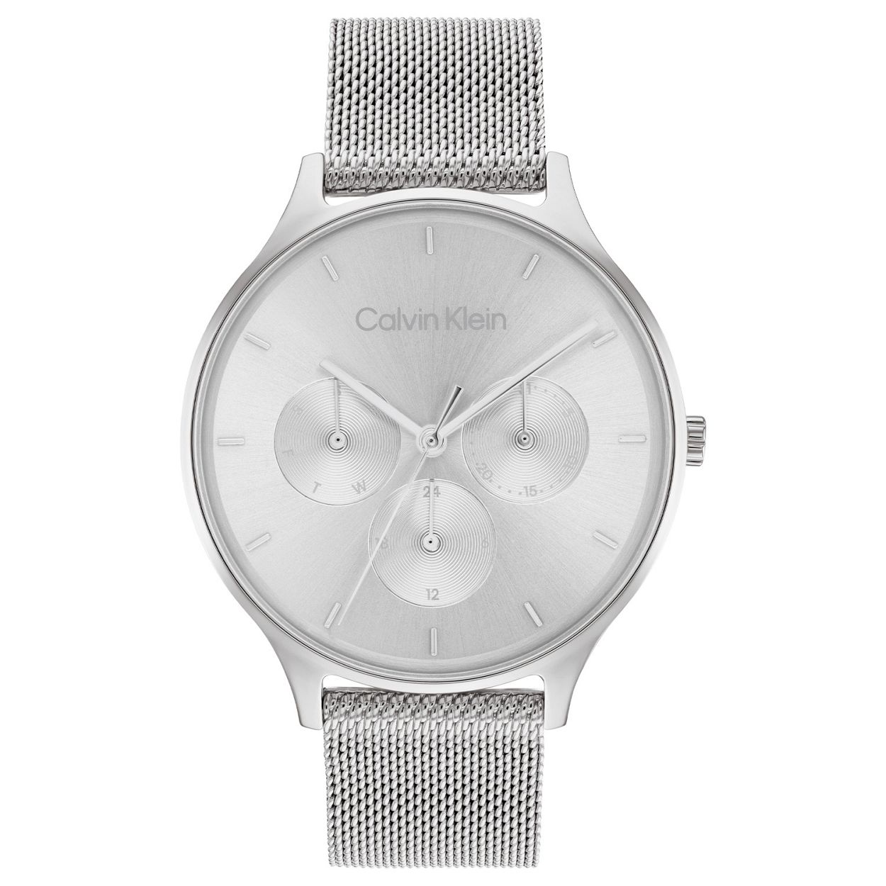Calvin Klein dames horloge , stanless steel band  met een zilverkleurige plaat en datum aanduiding . CK25200104