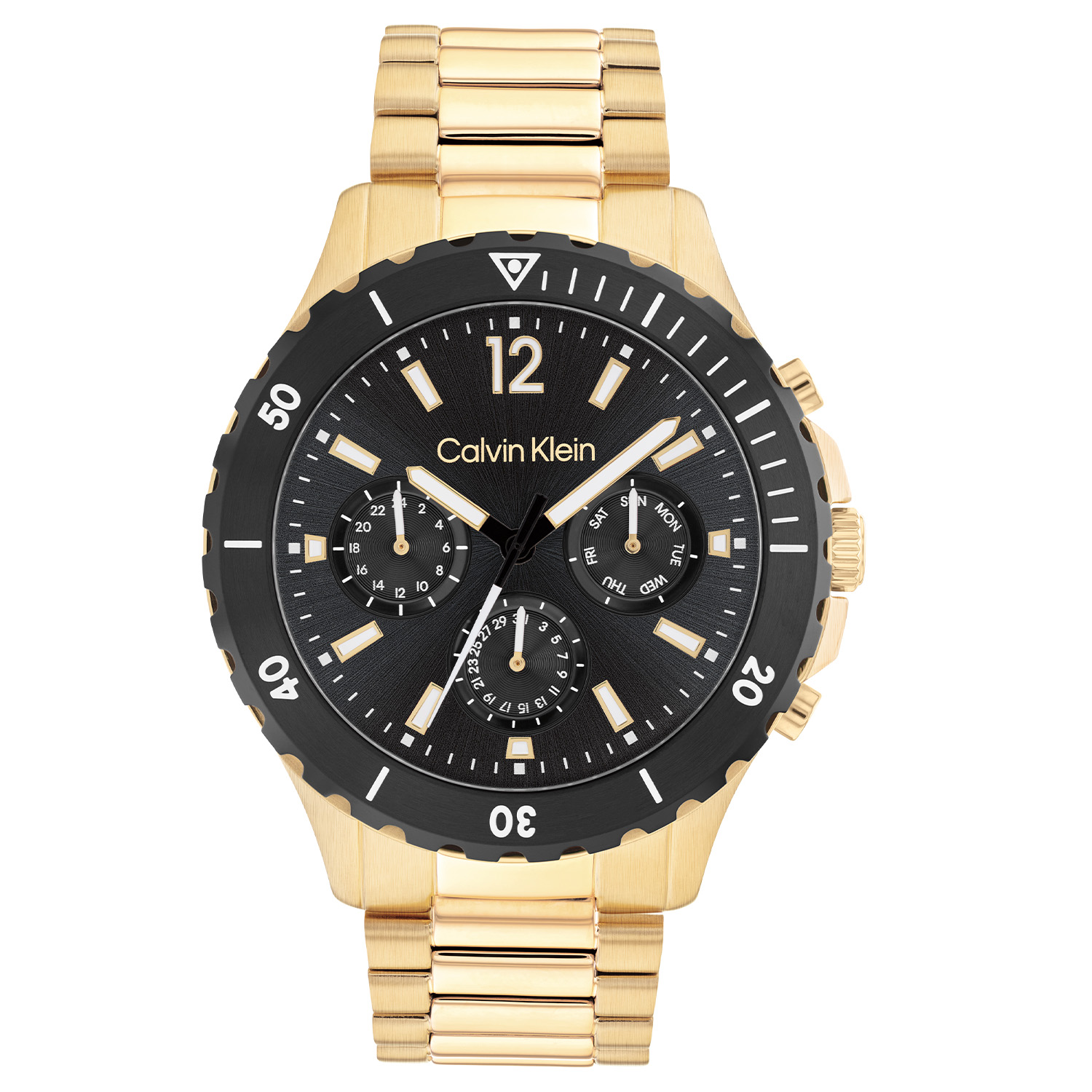 Dit Calvin Klein heren horloge met nr CK25200116 heeft een multifunctioneel uurwerk, en een stoer en sportief ontwerp. De goudkleurige ronde stalen kast heeft een zwarte bezel en een zwarte wijzerplaat met dag, datum en 24-uursaanduiding. De witte lumibrite accenten als uursaanduiding en op de wijzers maken het een duidelijk leesbaar horloge. Aan de stoere kast zit een goudkleurige stalen schakel band. Het heren horloge heeft een mineraalglas, een doorsnee van 44mm en is 3 ATM.

Breedte horlogeband 22 mm
Diameterkast 44 mm
Garantie 2 jaar
Kastdikte 10 mm
Kleur horlogeband Goudkleurig
Kleur wijzerplaat Zwart
Lengte band 21,5 cm
Soort uurwerk Quartz
Type sluiting Vouwsluiting
Waterdichtheid 3 ATM (spatwaterdicht)