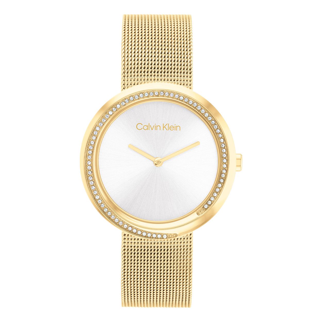Calvin Klein CK25200150 Dames Staal Horloge 34mm 
Dit Calvin Klein dameshorloge met nr CK25200150 is een chique en minimalistisch ontwerp. De stijlvolle ronde gladde goudkleurige stalen kast heeft een zilverwitte  sunray wijzerplaat en een bezel vol gezet met kristallen. Op de wijzerplaat is alleen de merknaam gedrukt en de tijd wordt aangegeven met de hele fijne wijzers. Aan de goudkleurige kast zit een goudkleurige milanese band. Het sierlijke horloge heeft een mineraalglas, een doorsnee van 34mm en is 3 ATM.

OVER CALVIN KLEIN
Calvin Klein is een wereldwijd lifestylemerk dat gewaagde, vooruitstrevende idealen en een verleidelijke, vaak minimalistische, esthetiek nastreeft. Calvin Klein werd groot in de jaren 70 door haar mode- en merkjeans collecties. In de jaren 80 lanceerde Calvin Klein haar spraakmakende ondergoed dat uitdrukkelijk van logo ’s voorzien was. Vanwege het grote succes is het merk ook succesvol uitgerold in Accessoires, Parfums, Home, Brillen, Golf, Horloges en Sieraden.
Sinds de oprichting in 1968 door Calvin Klein, heeft het merk haar reputatie opgebouwd als leider in de Amerikaanse mode, dankzij een cleane esthetiek en innovatieve ontwerpen. Calvin Klein wil haar publiek verleiden en inspireren door middel van provocerende beelden en opvallende ontwerpen die prikkelen. 

SPECIFICATIES:
- Mineraalglas
- Goudkleurige stalen kast
- Zilverwitte wijzerplaat 
- Goudkleurige milanese band
- Ronde kastvorm, Ø 34mm
- 3 ATM
