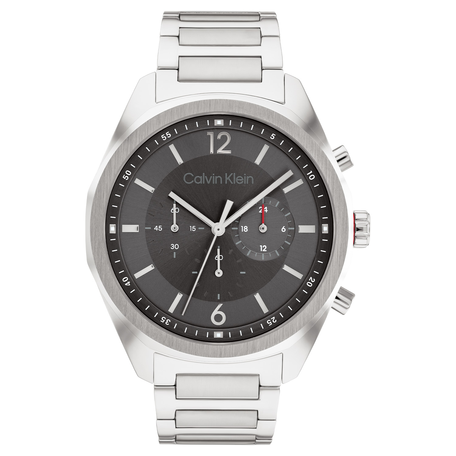 Dit Calvin Klein horloge behoort tot de Force collectie.
Referentienummer: CK25200264

Dit Calvin Klein horloge is een stoer en sportief ontwerp. De ronde zilverkleurige stalen kast heeft een gladde bezel. Op de grijze wijzerplaat zit een dag,- datum em 24-uursaanduiding en de tijd wordt aangegeven met steepjes en de 6 en 12 zijn duidelijk zichtbaar. Aan de stalen kast zit een zilverkleurige schakel band. Het sierlijke horloge heeft een mineraalglas, een doorsnee van 44mm en is 5 ATM.

