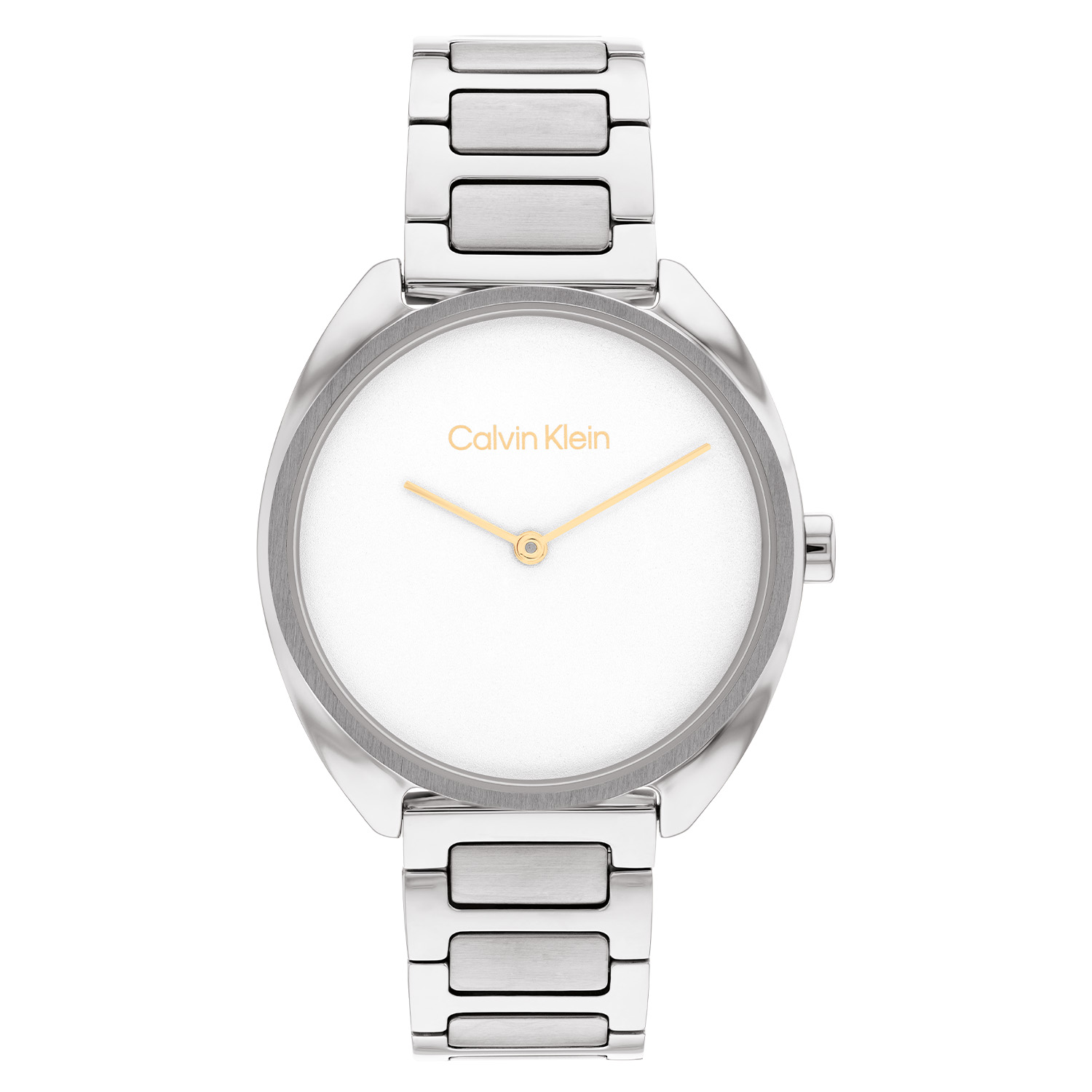 zilverkleurige band met een witte wijzerplaat
kast: 34 mm 