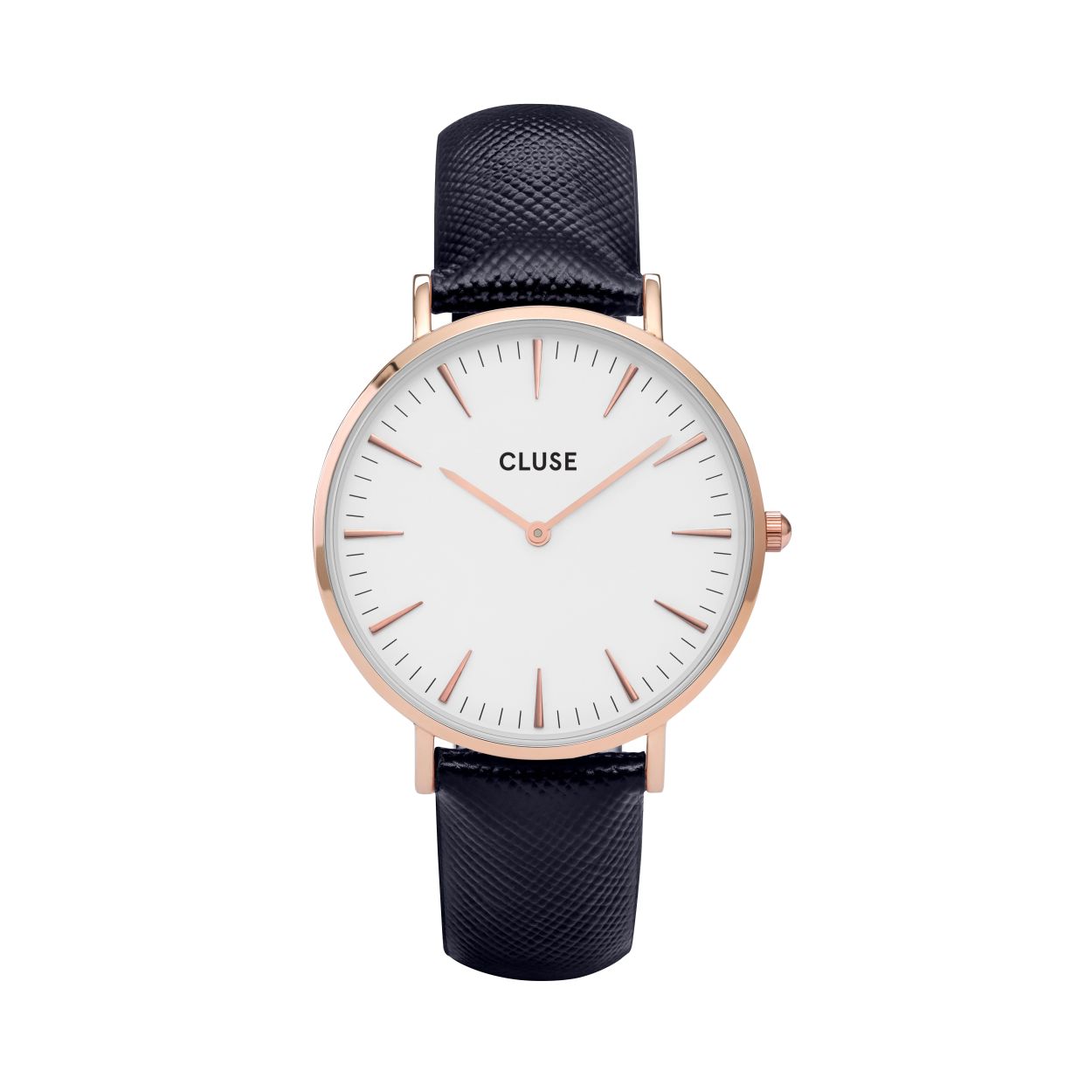 Dit is een horloge van Cluse. De kast is gemaakt van messingen de kleur van de kast is rose goud. De band is gemaakt van leer en de kleur van deze band is blauw.